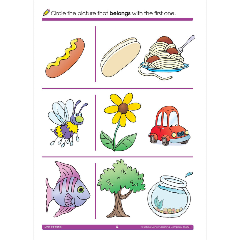 School Zone  Does It Belong? Workbook  32 Pages, Ages 3 To 5, Preschool To Kindergarten, Picture Puzzles, Grouping, Comparing ,Used