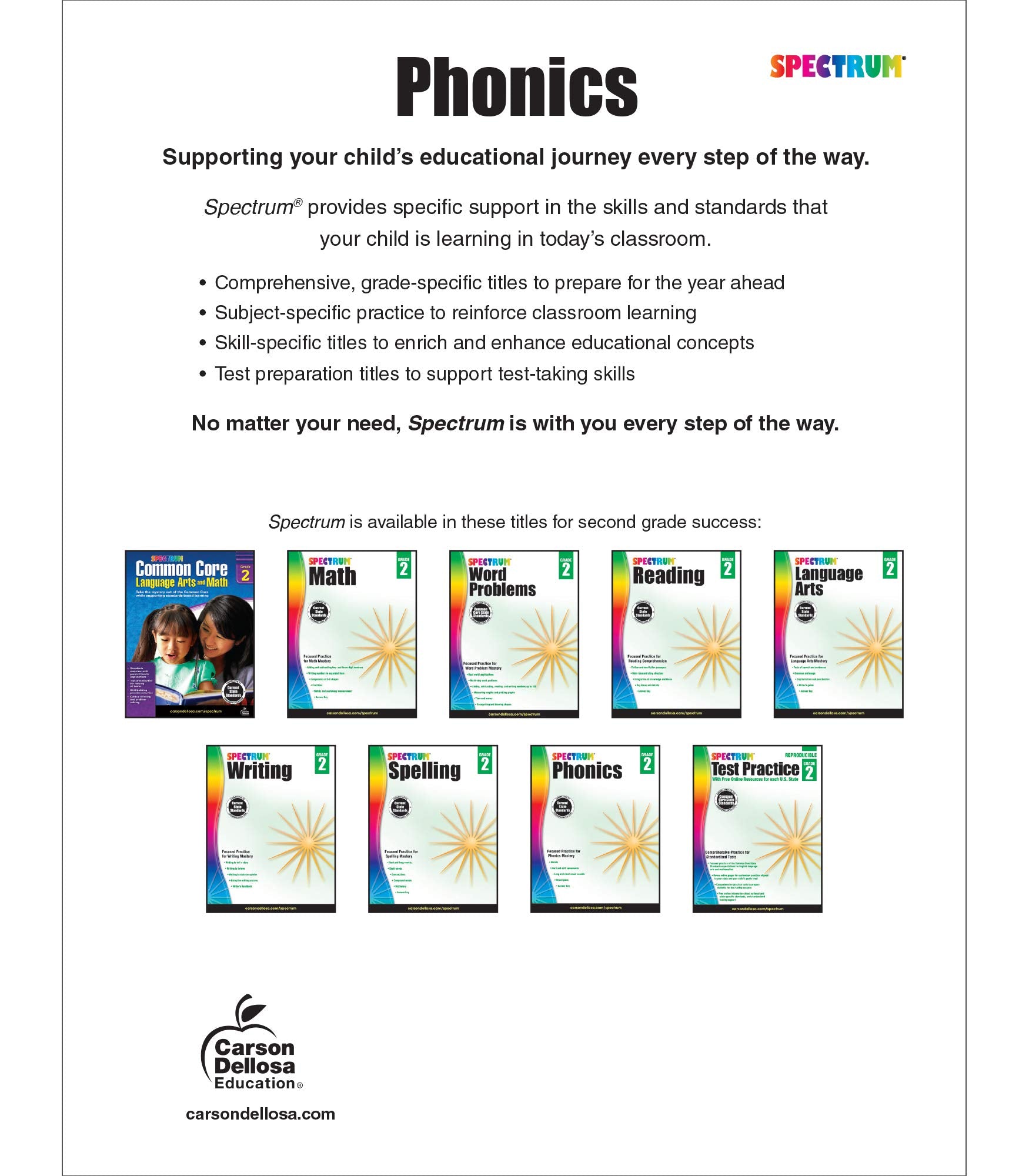 Spectrum Grade 2 Phonics Workbook, Sight Words Vocabulary, Vowels, Blends, Spelling, Grammar, and More, Language Arts Classroom ,Used