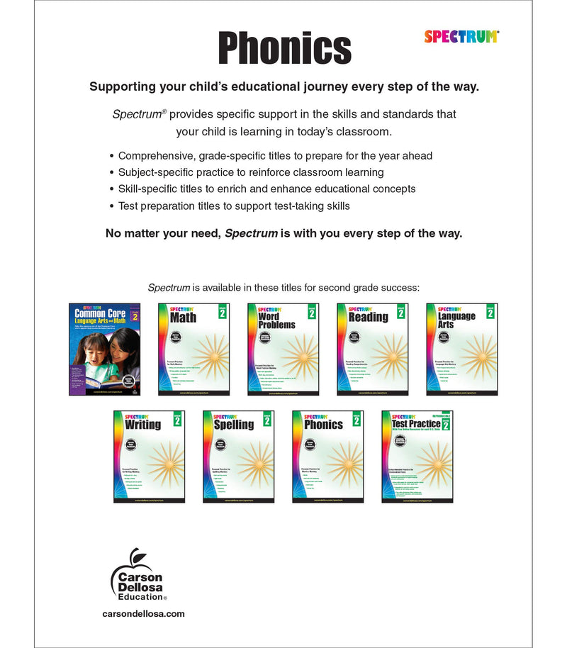 Spectrum Grade 2 Phonics Workbook, Sight Words Vocabulary, Vowels, Blends, Spelling, Grammar, and More, Language Arts Classroom ,Used