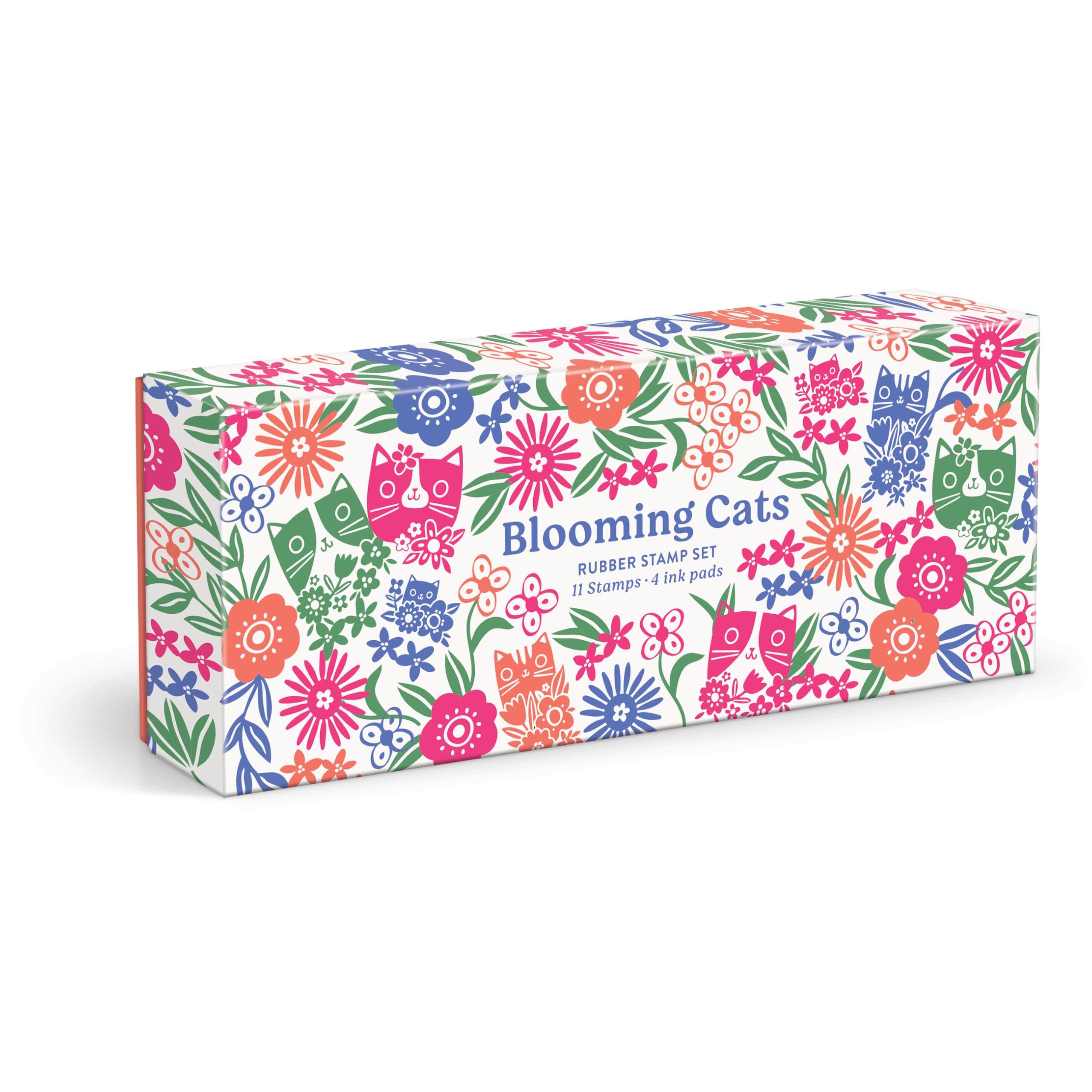 Galison Blooming Cats  Rubber Stamp Set Includes 4 Beautiful Colored Ink Pads And 11 Unique Cat Themed Wooden Stamp Blocks
