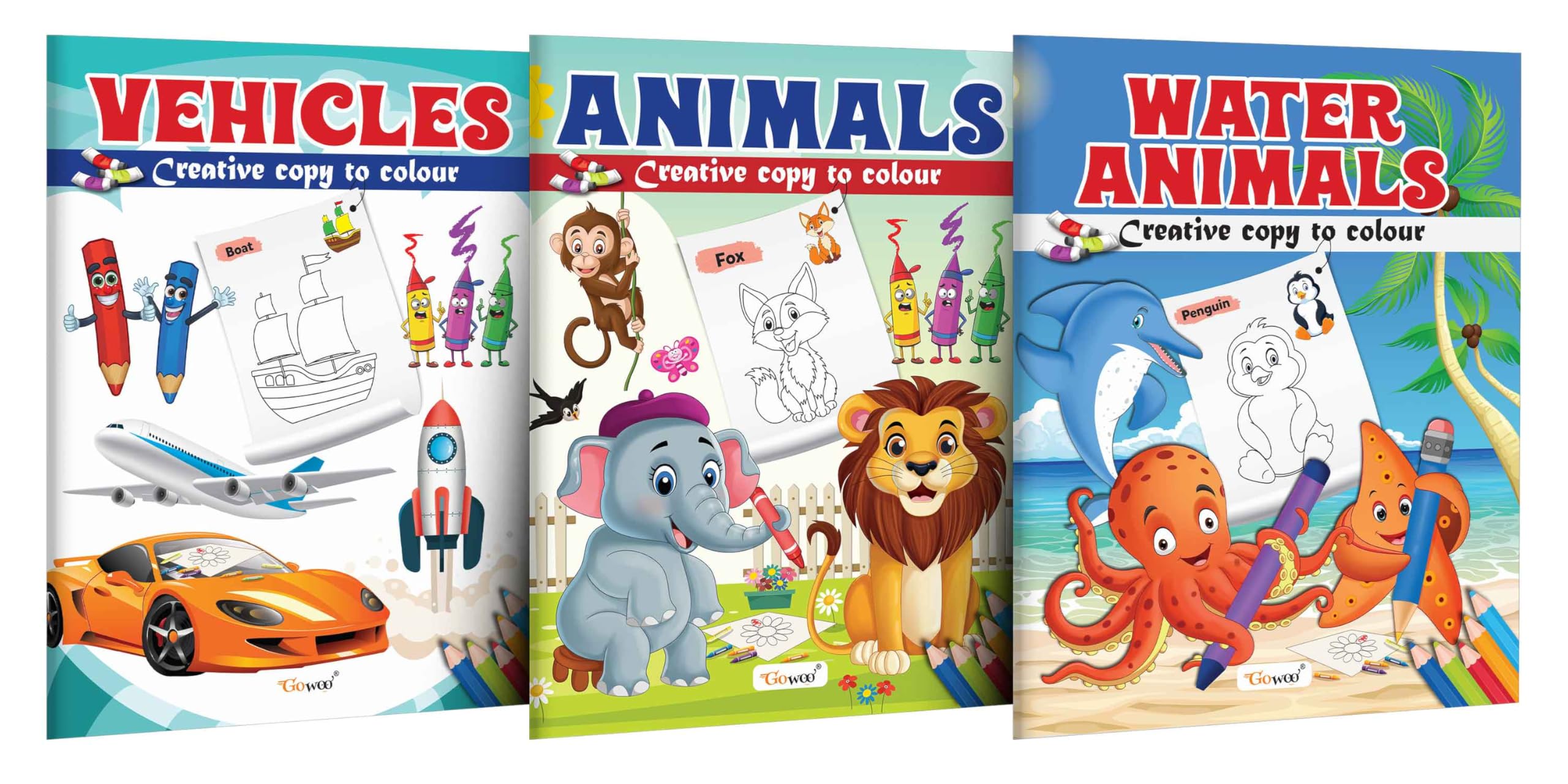 Vehicle, Animals And Water Animals - Creative Copy To Colour Book : Color Books For Children, Kids Copy Colouring Book, Picture Colouring Book For Early Learners | Pack Of 3 Copy Colouring Books