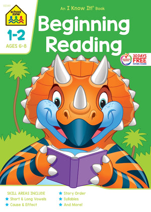 School Zone  Beginning Reading Workbook  64 Pages, Ages 6 To 8, Grades 1 To 2, Beginning & Ending Sounds, Vowels, Sequencing,,New