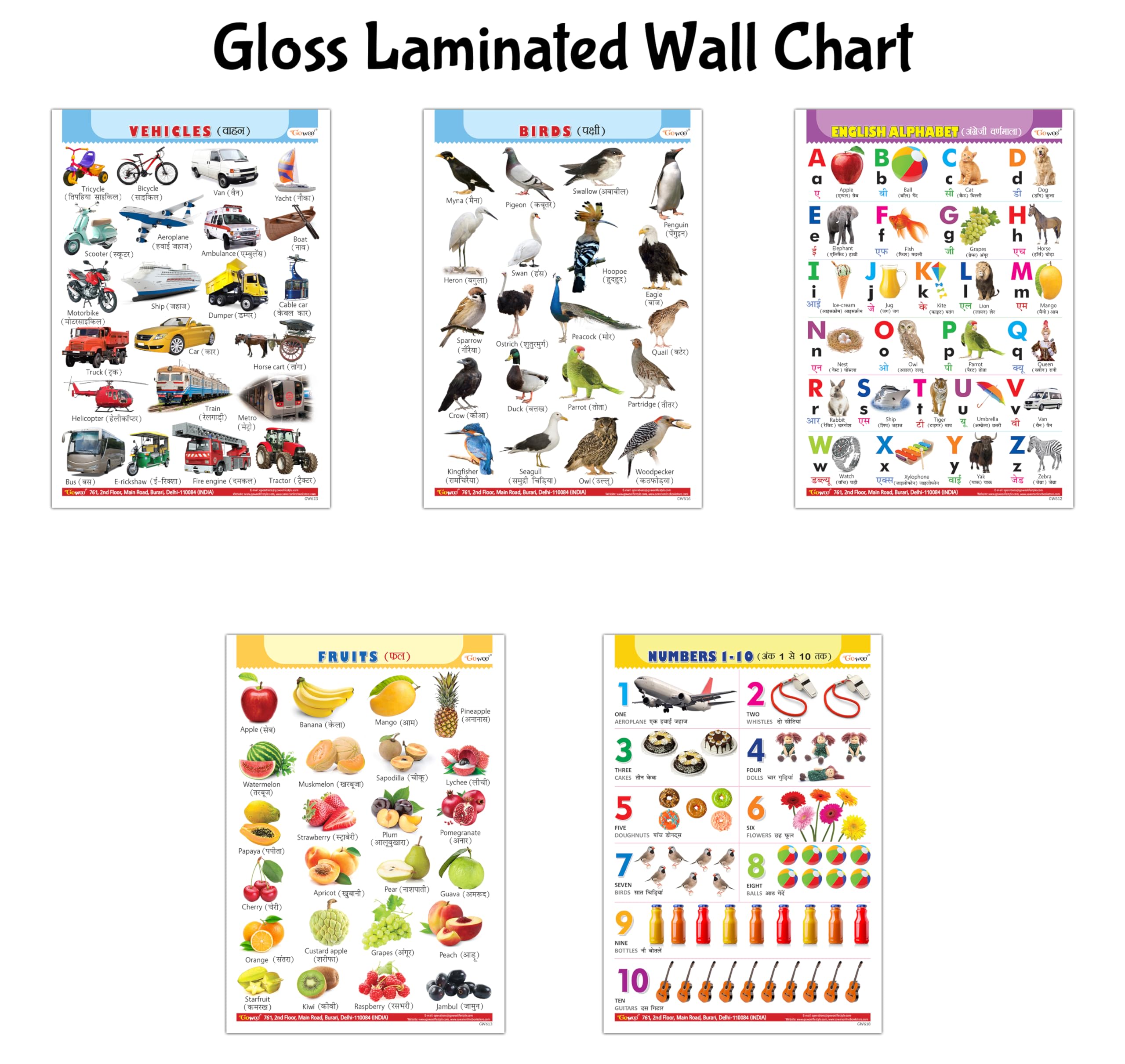 Early Learning Gloss Laminated English-Hindi Charts :- Alphabet, Fruits, Birds, Numbers And Vehicles - Educational Wall Charts For Kids, Chart Set For Kids| Combo Of 5 Charts