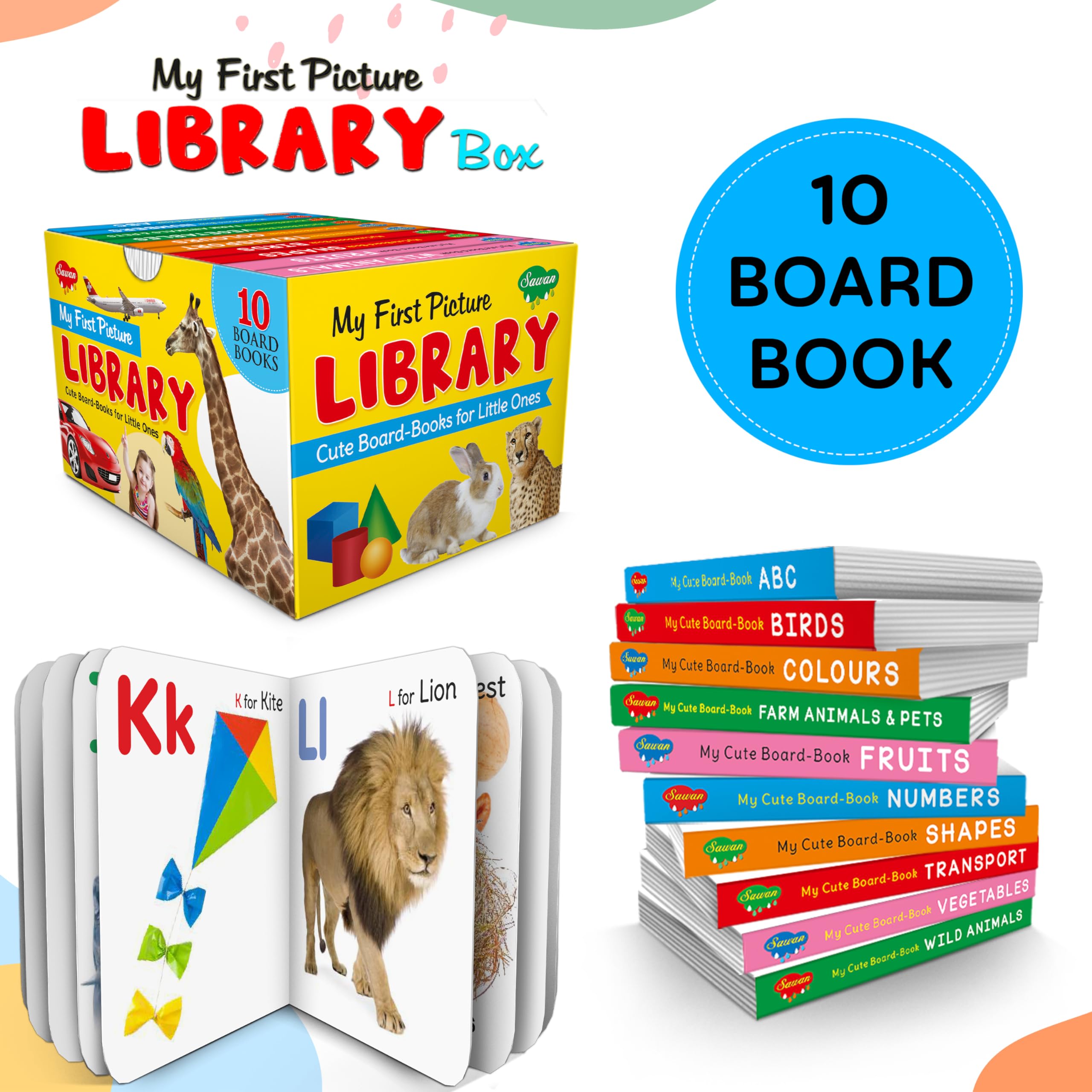 Toddlers Learning Library Box Set : Learning Board Book For Kids, My First Picture Library Box, Library Boxset Of 10 Board Books For Children (Board Book, Sawan)