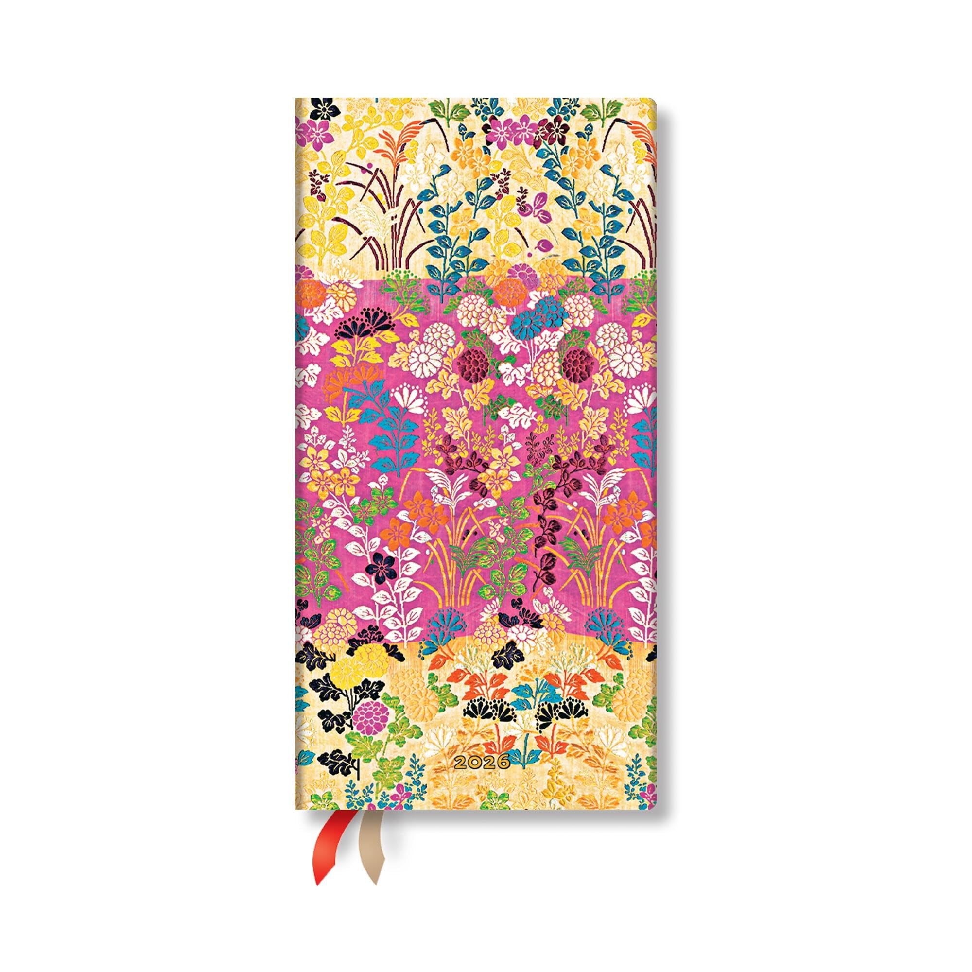 Paperblanks | 2026 KaraOri Pink | Japanese Kimono | 12Month Planner | Slim | Horizontal | Elastic Band | 160 Pg | 100 Gsm