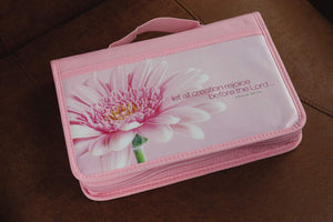Psalm 96:13 Flower Bible Cover for Women, Zippered, with Handle, Canvas, Pink, Large,New