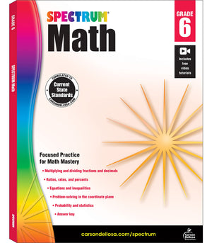 Spectrum 6th Grade Math Workbooks, Ages 11 to 12, Math 6th Grade Workbook Covering Multiplying & Dividing Fractions, Decimals, Math Equations, Percents, Probability, Statistics, Grade 6 Math Workbook-New