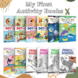 My First Activity Book - Dot To Dot And Origami (Blue, Green, Pink And Yellow Edition), Pencil Shading - Birds, Wild Animals, Nature & Still Life And Portraits : Kids Activity Book | Pack Of 12