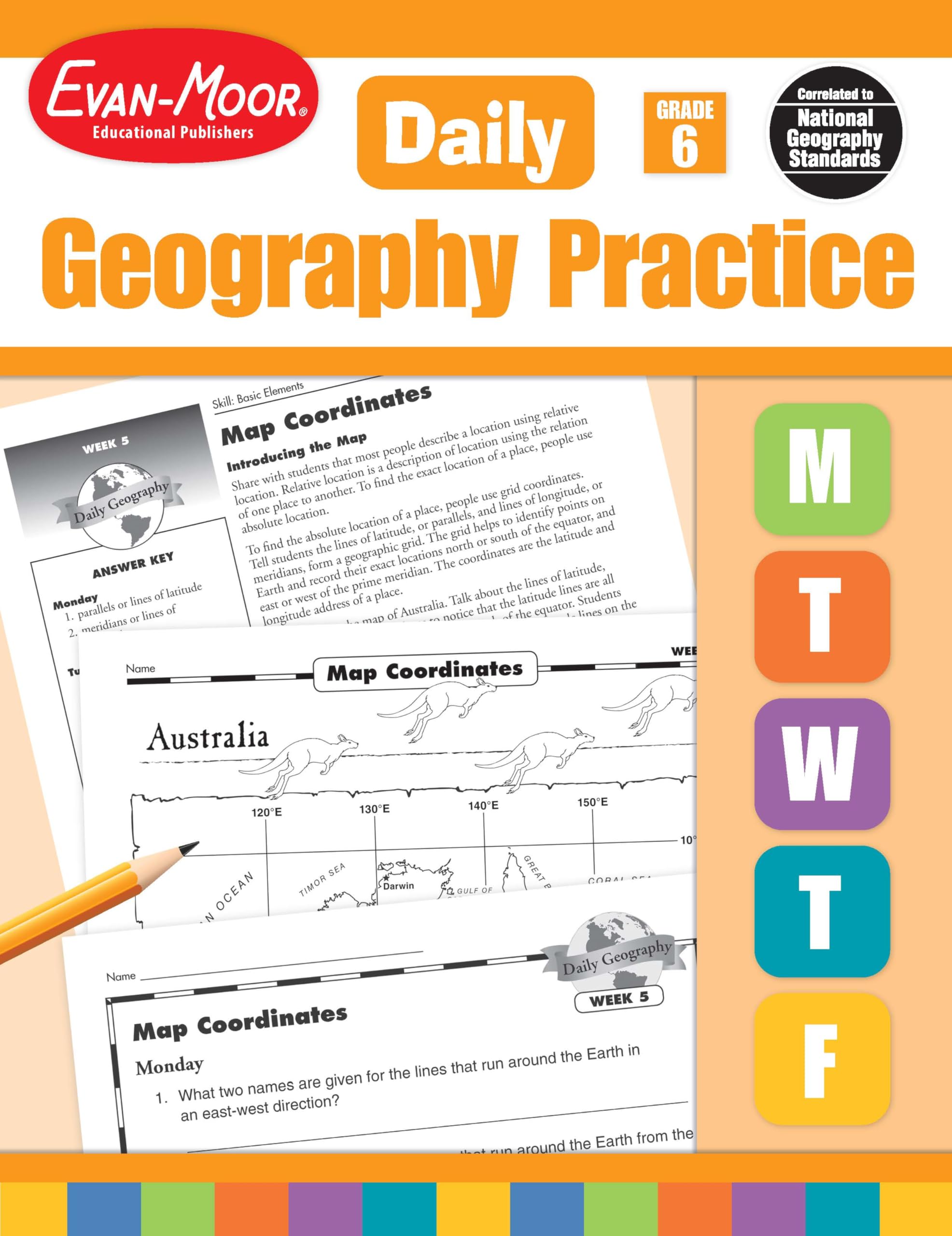 EvanMoor Daily Geography Practice, Grade 6, Homeschooling and Classroom Resource Workbook, Reproducible Worksheets, Teaching Ed,New