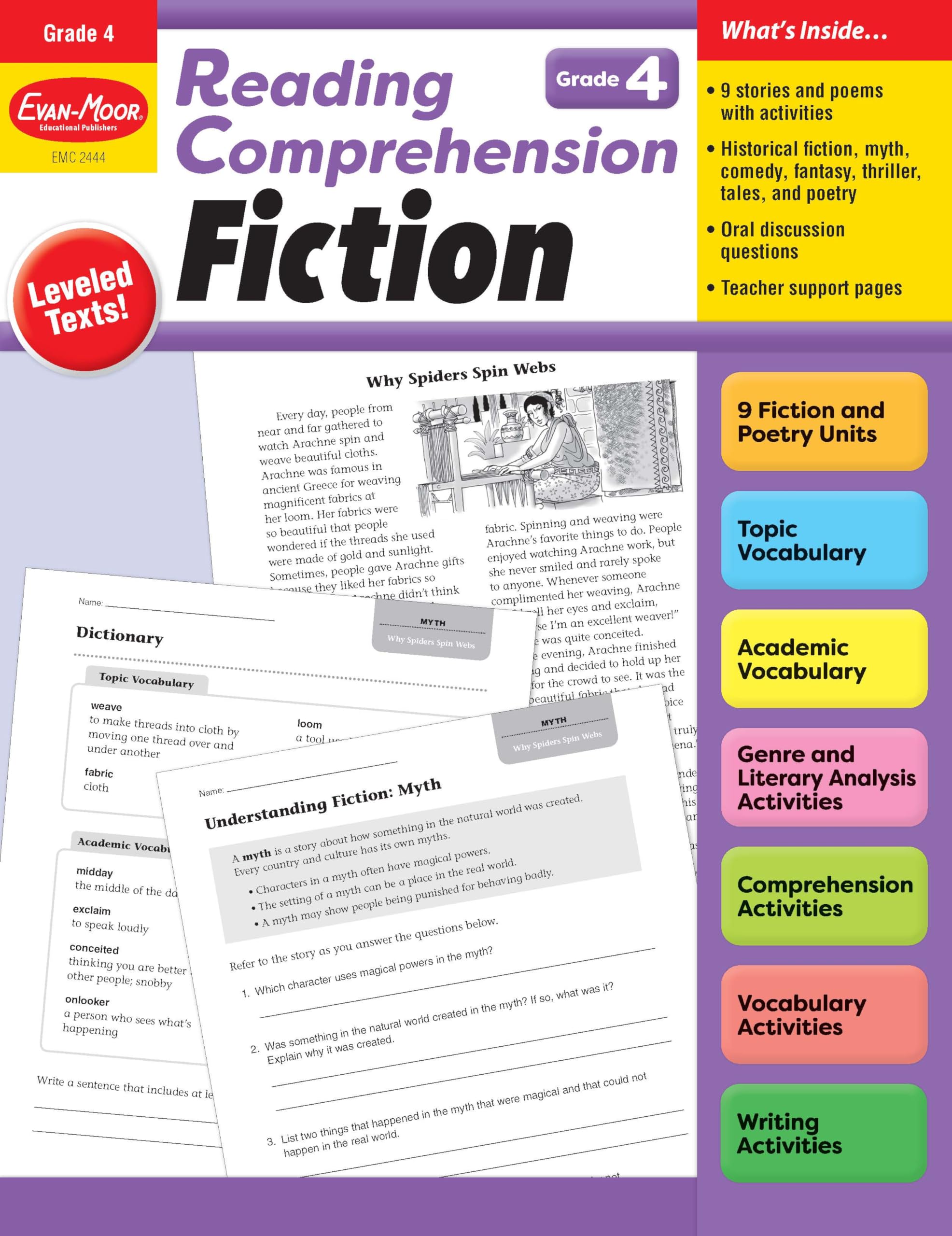 Evanmoor Reading Comprehension: Fiction Grade 4, Homeschooling And Classroom Resource Workbook, Realistic Fiction, Historical F,Used