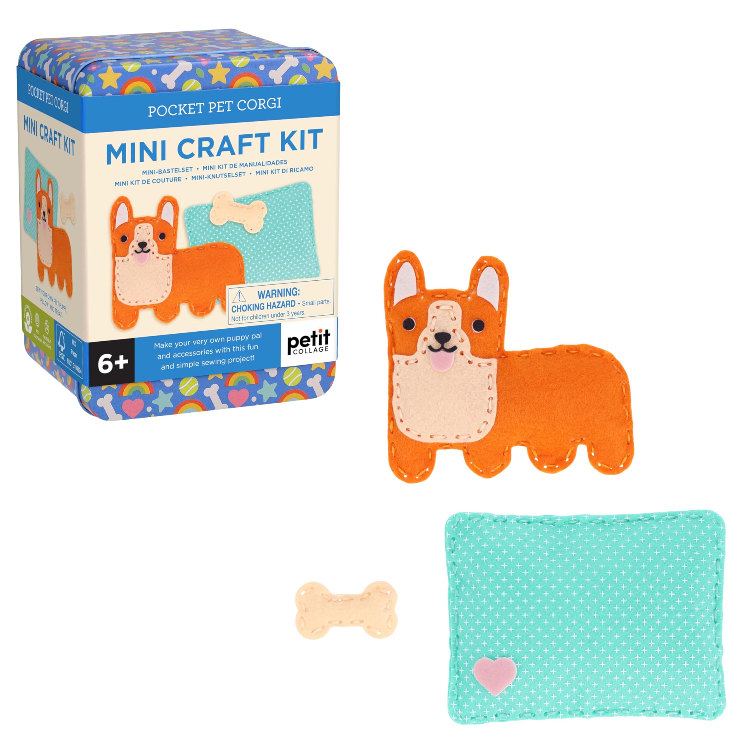 Petit Collage: Mini Craft Kit: Pocket Pet Corgi Dog  Portable Felt Sewing Kit With Precut Pieces, Thread, Stuffing, ChildSafe N