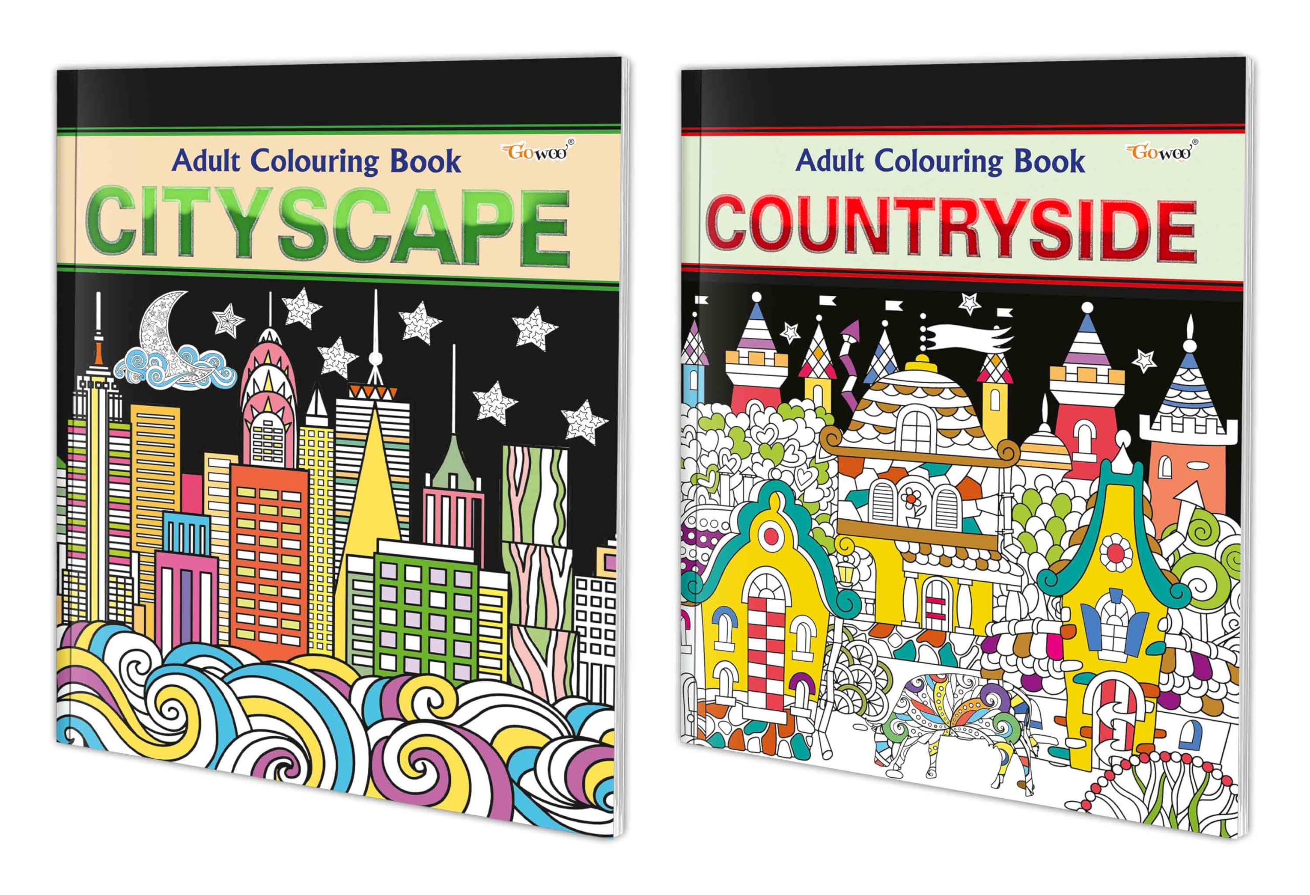 Cityscape And Countryside Adult Colouring Books : Relaxing Art Coloring Book, Coloring Book For Adults, Mindful Art Coloring, Adult Coloring Pages | Combo Of 2 Adult Colouring Books