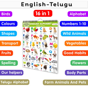 My First All In One Spiral Chart English-Telugu : With 16 Topics : English Alphabet, Telugu Alphabet, Spelling, Number 1-10, Colours, Shapes, Flowers, Fruits, Vegetables And Many More