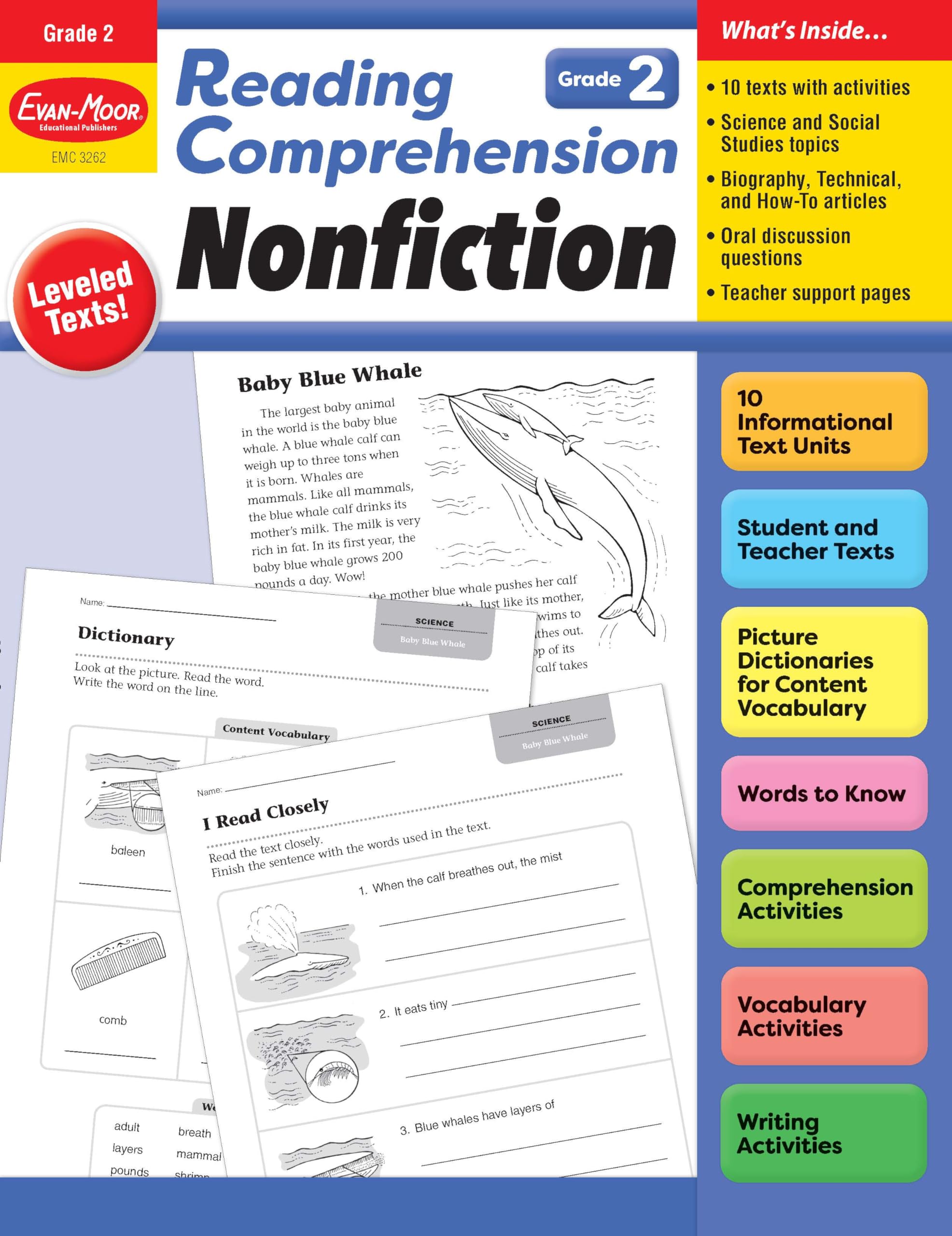 Evanmoor Reading Comprehension: Nonfiction, Grade 2  Homeschooling And Classroom Resource Workbook, Biographies, Science, Soci,New