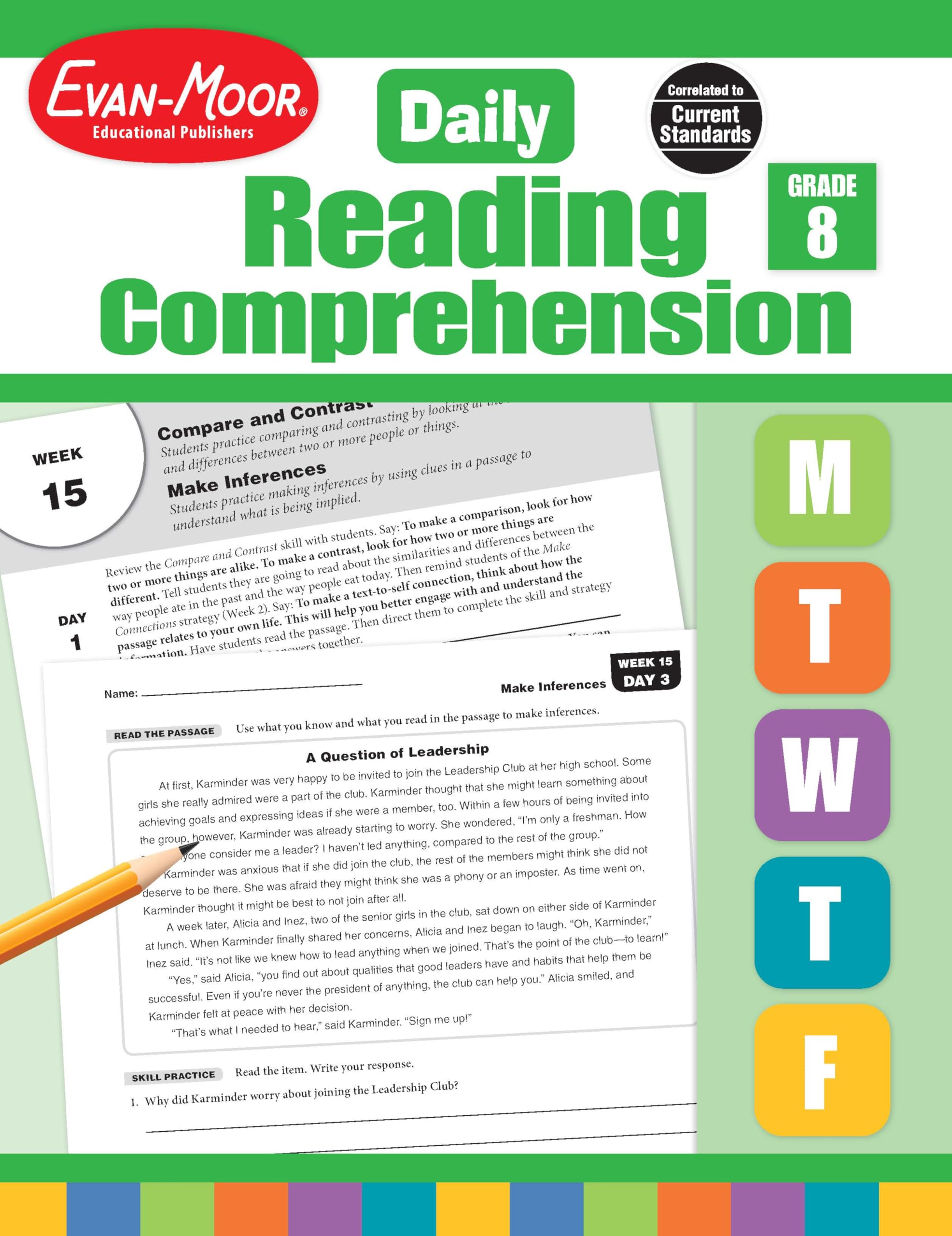 EvanMoor Daily Reading Comprehension, Grade 8  Homeschooling & Classroom Resource Workbook, Reproducible Worksheets, Teaching ,Used