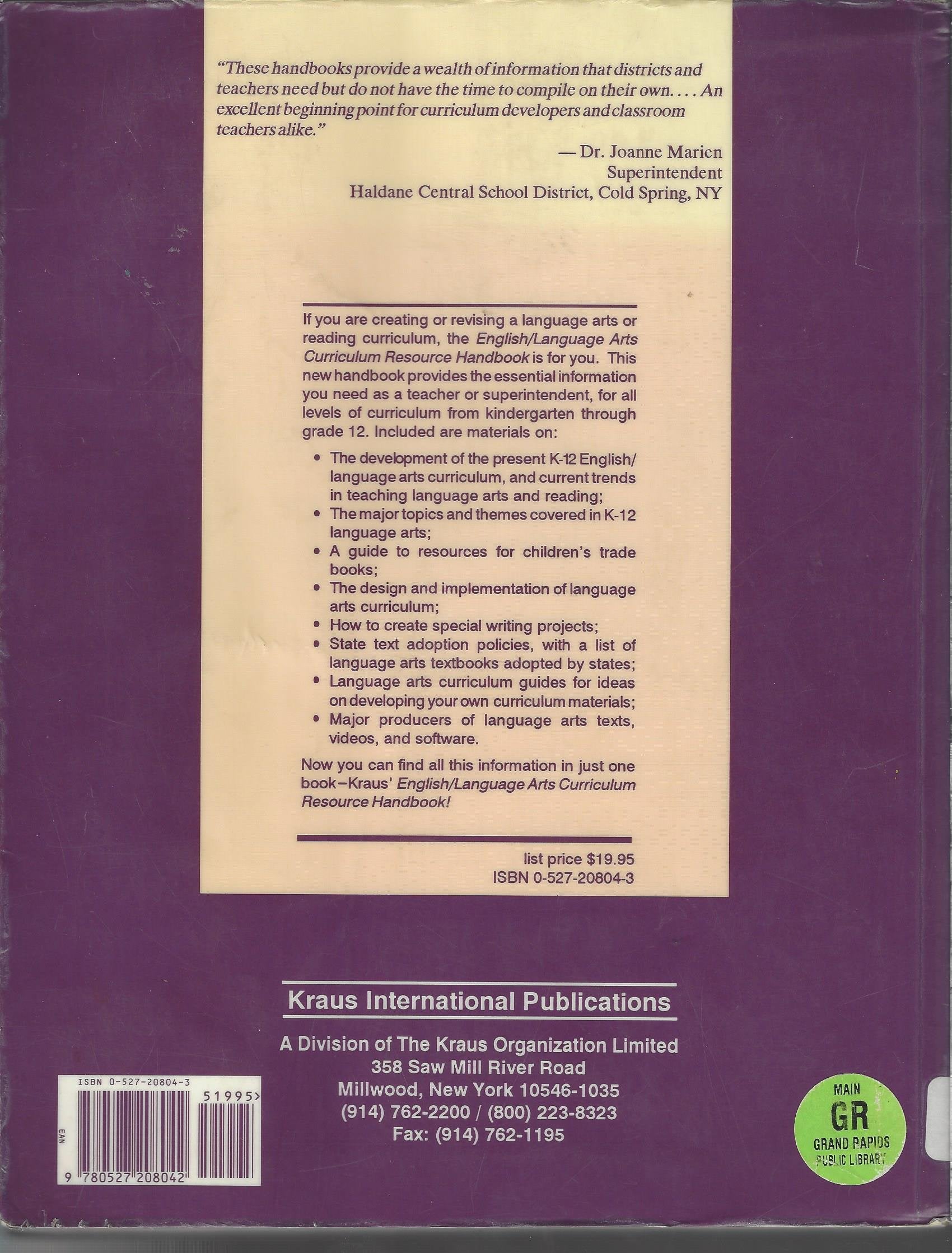 English/Language Arts Curriculum Resource Handbook: A Practical Guide for K12 English/Language Arts Curriculum,Used