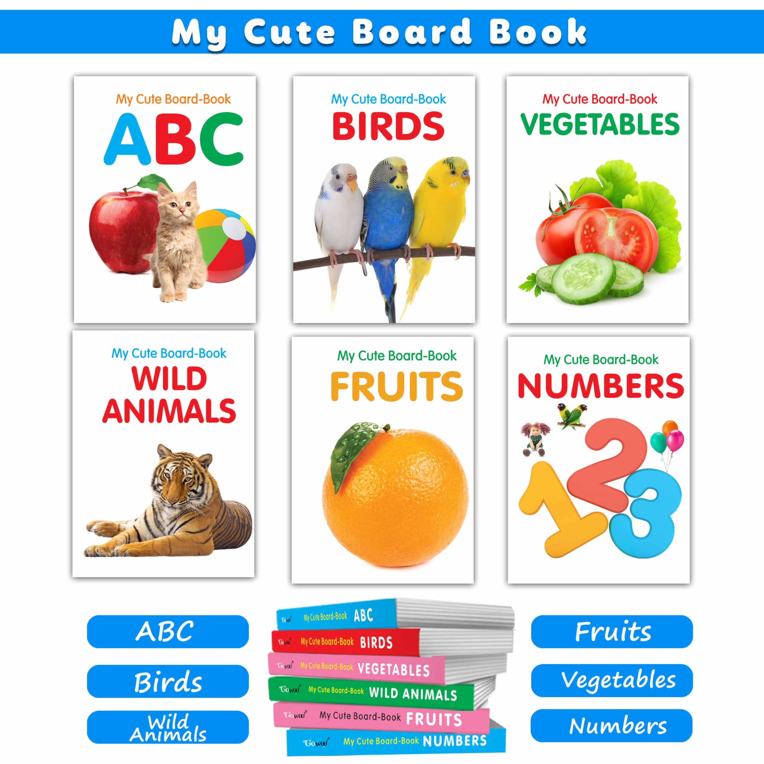 Early Learning Little Library For Toddlers  6 Book Set : Abc, Numbers, Fruits, Vegetables, Wild Animals, Birds, Pocket Books For Children, Preschool Cute Board Books For Kids