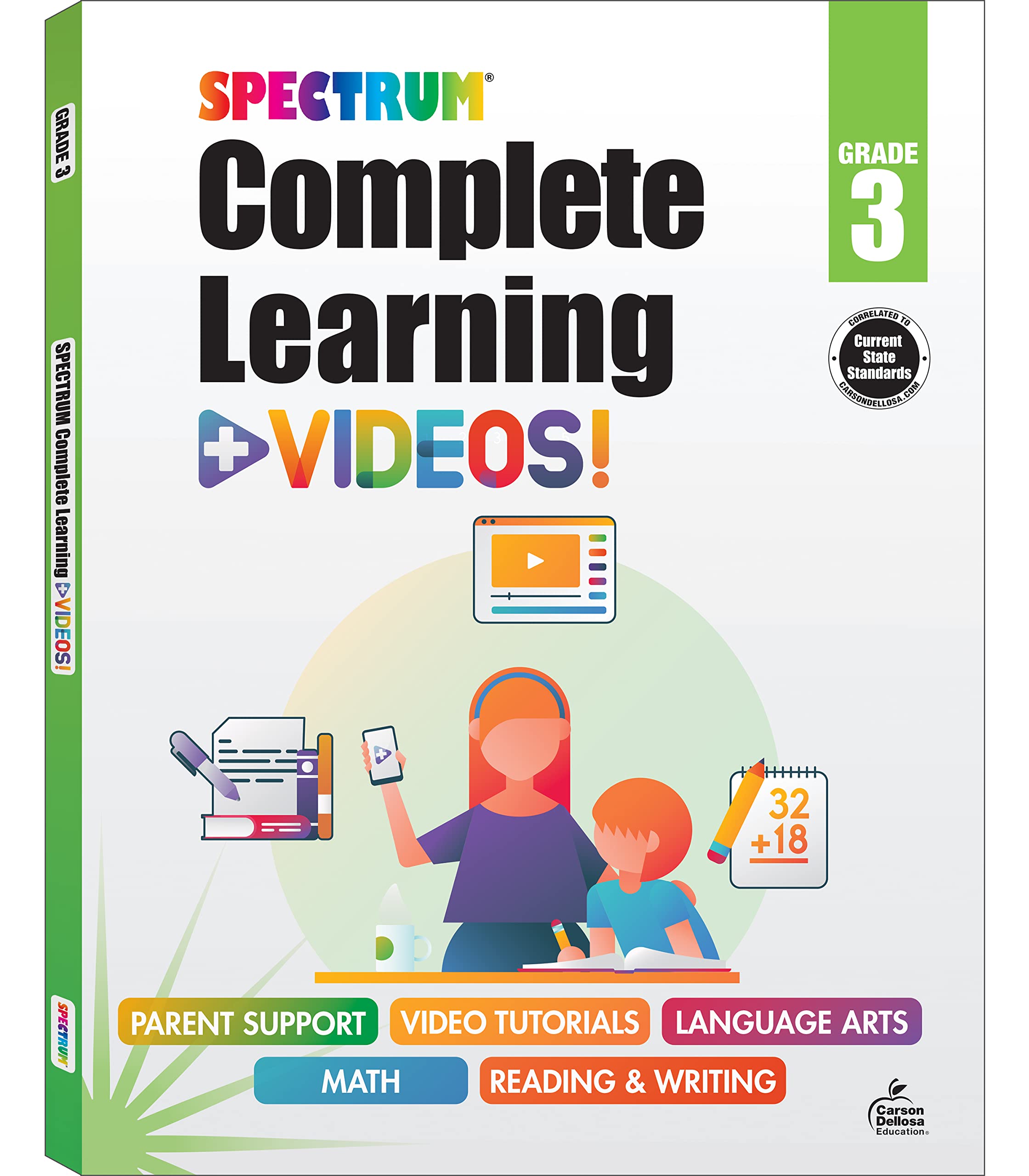 Spectrum Complete Learning + Videos 3rd Grade Workbooks, Language Arts, Reading Comprehension, Writing, and Math Book for Kids A,Used