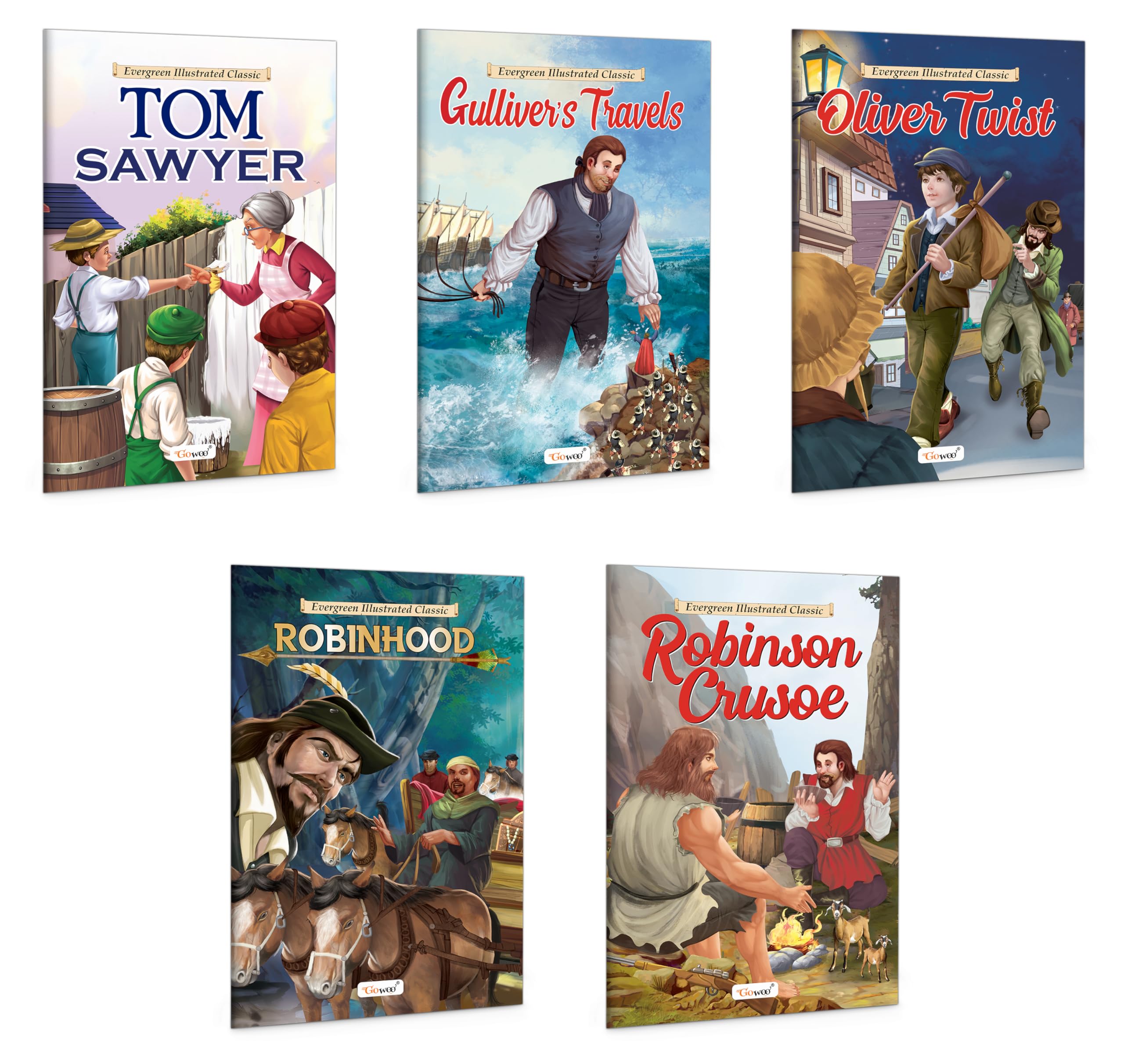 Best Of ChildrenS Classic : GulliverS Travels, Oliver Twist, Robin Hood, Robinson Crusoe And The Adventures Of Tom Sawyer - Classic Story Book, Kids Educational Books | Pack Of 5 Books