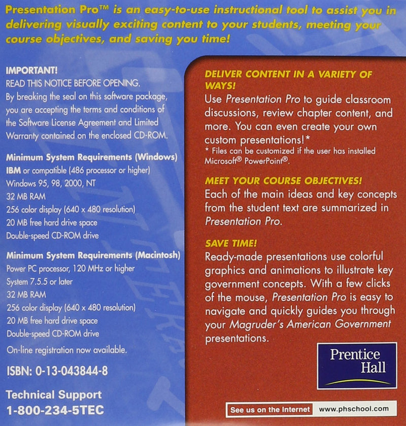 Magruder's American Government Presentation Pro CDROM 2001c,Used