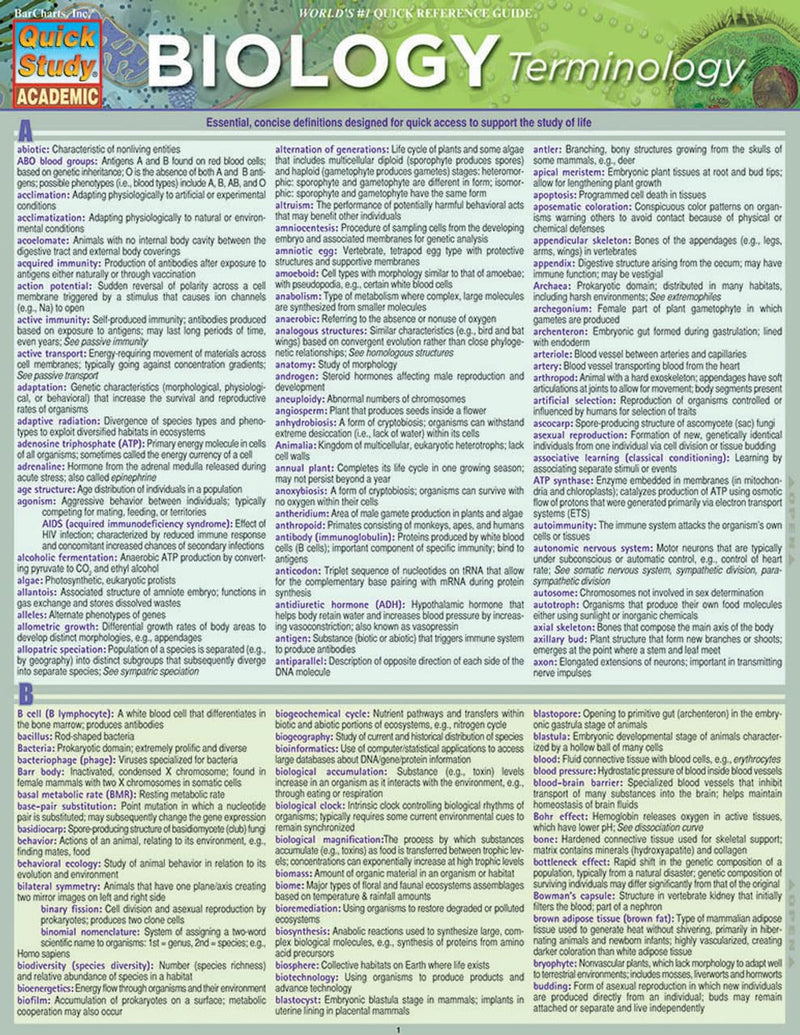 Biology Terminology Quickstudy Laminated Reference Guide (Quickstudy Academic)