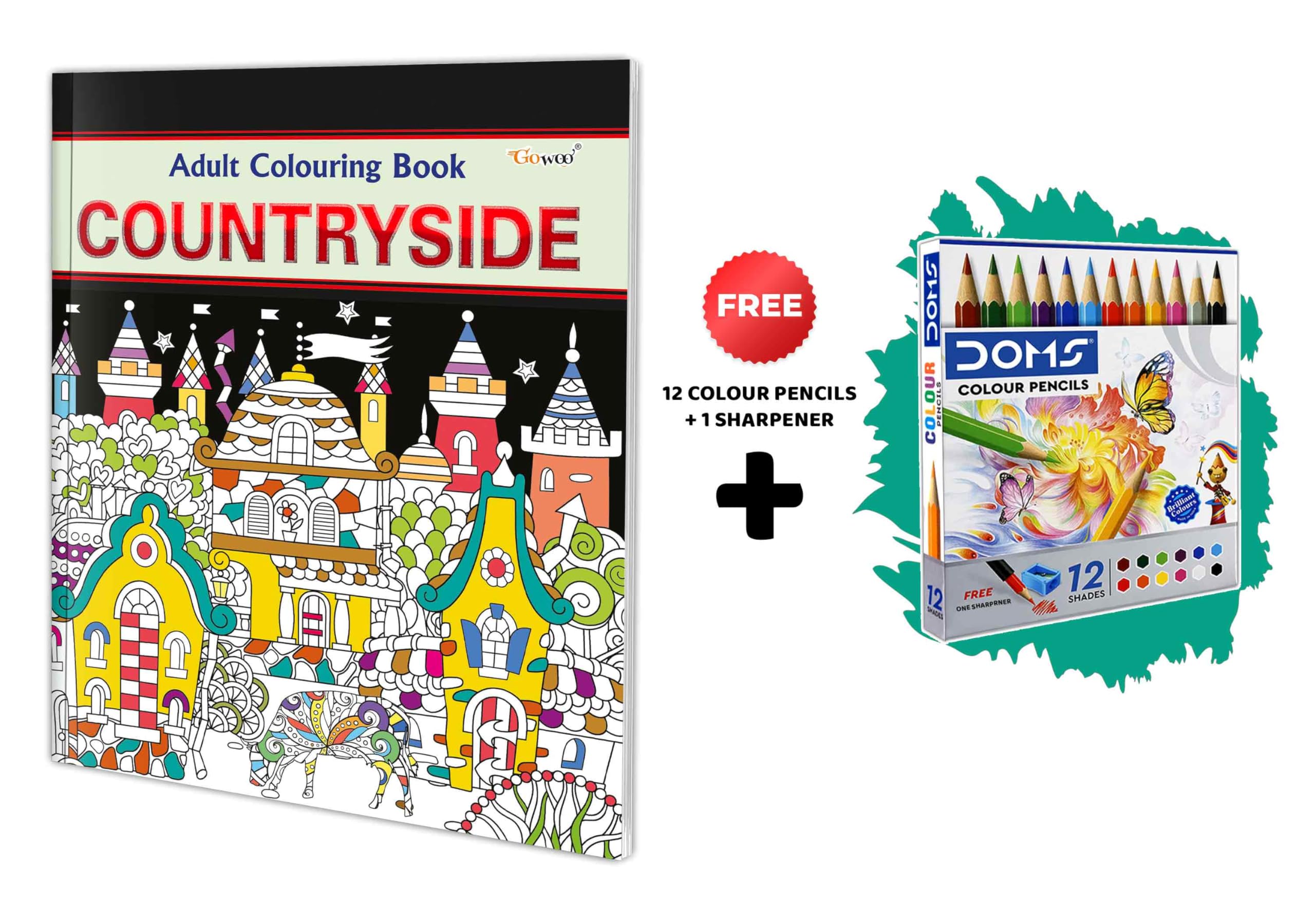 Countryside - Adult Colouring Book With 12 Colour Pencils + 1 Sharpner : Coloring Book For Adults, Relaxing Art Coloring Book, Color Therapy Book, Coloring Kit For Adults