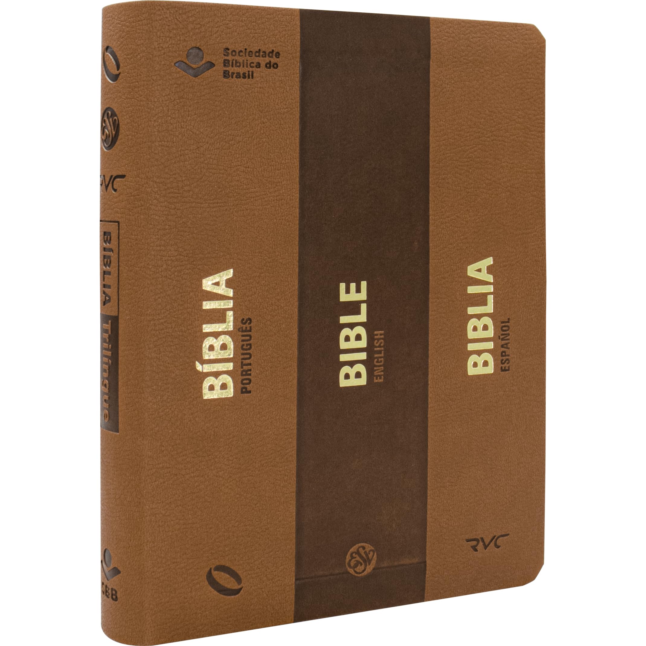 Biblia Trilngue Portugus English Espaol NAA ESV RVC Marrn Smil Piel (English and Spanish Edition)