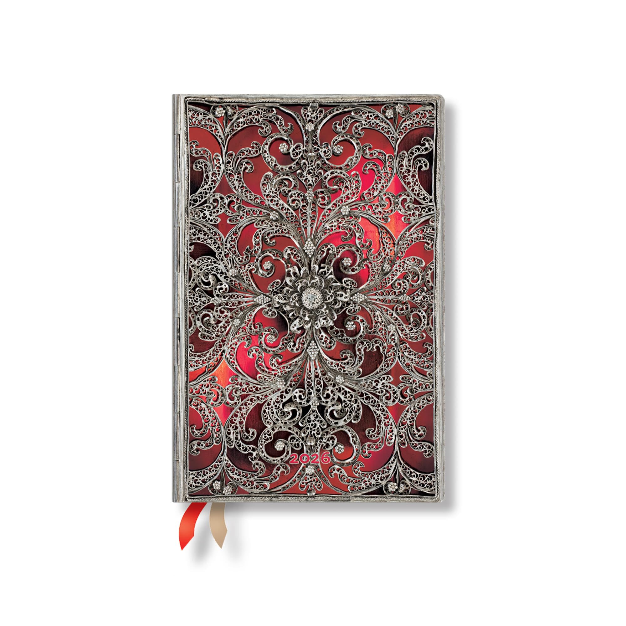 Paperblanks | 2026 Garnet | Silver Filigree Collection | 12Month Planner Flexis | Mini | Vertical | Elastic Band | 176 Pg | 100