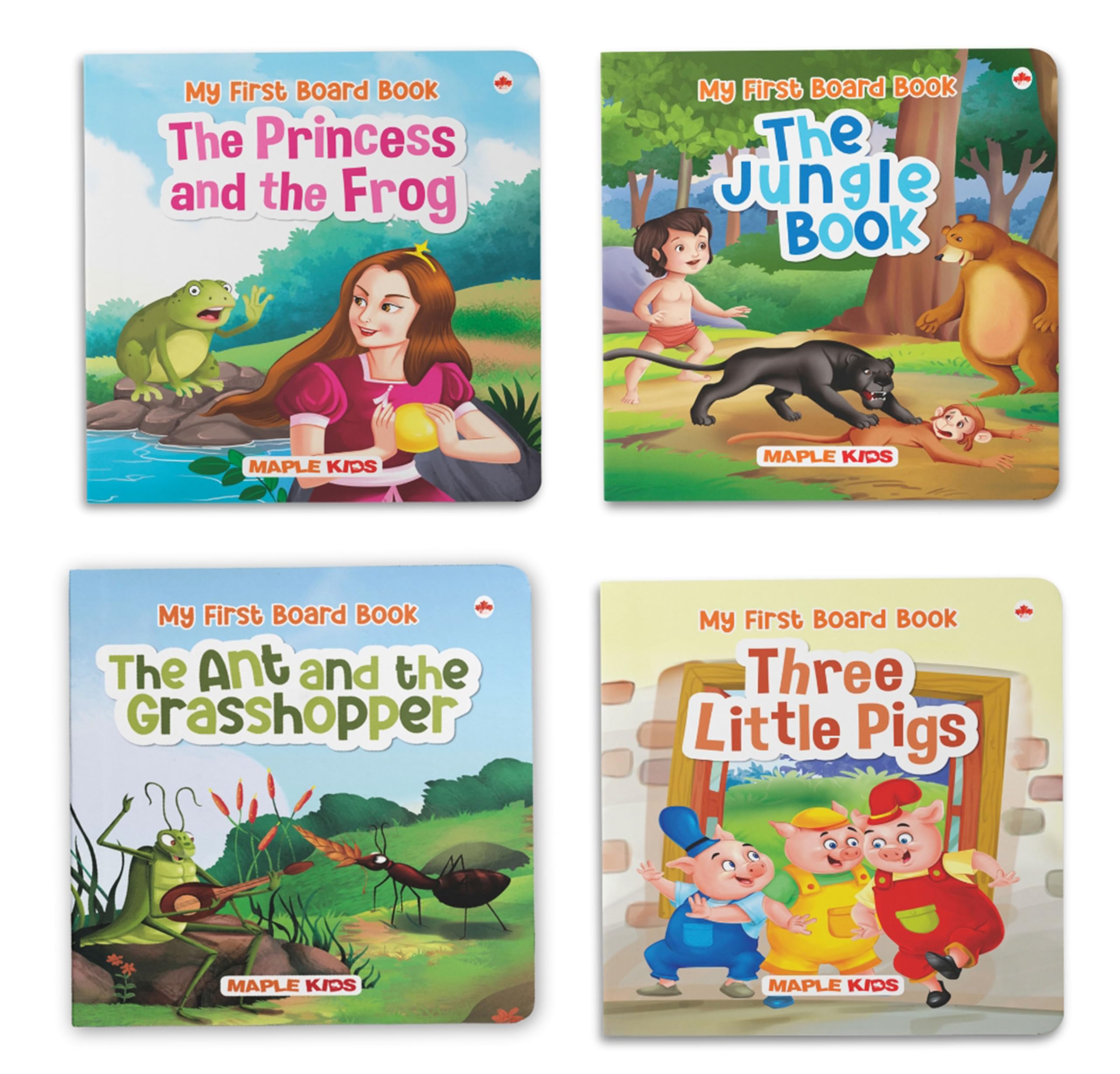 Story Books For Kids (Set Of 4 Books) - Illustrated Board Book For Children - Age 0 - 2 Years - Jungle Book, The Princess And The Frog, Three Little Pigs, The Ant And The Grasshopper