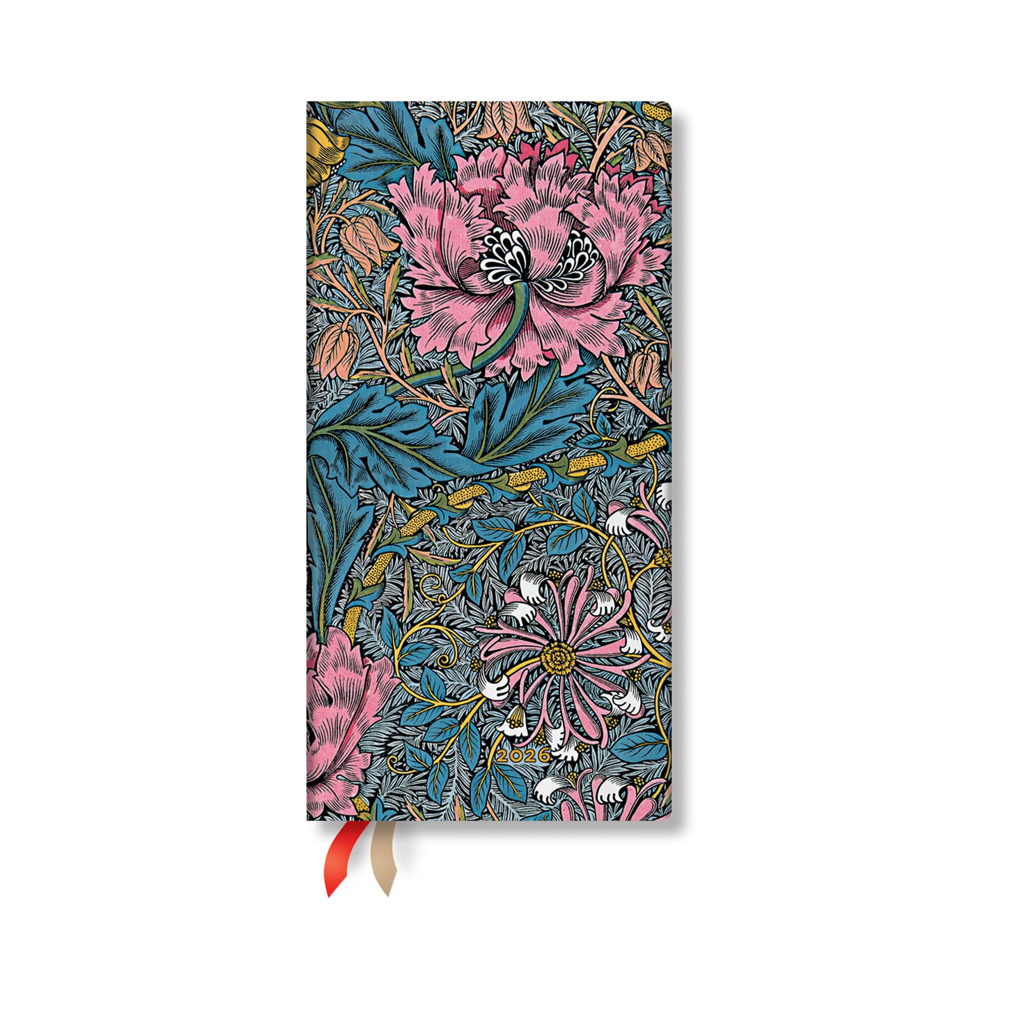 Paperblanks | 2026 Morris Pink Honeysuckle | William Morris | 12Month Planner | Slim | Horizontal | Elastic Band | 160 Pg | 100