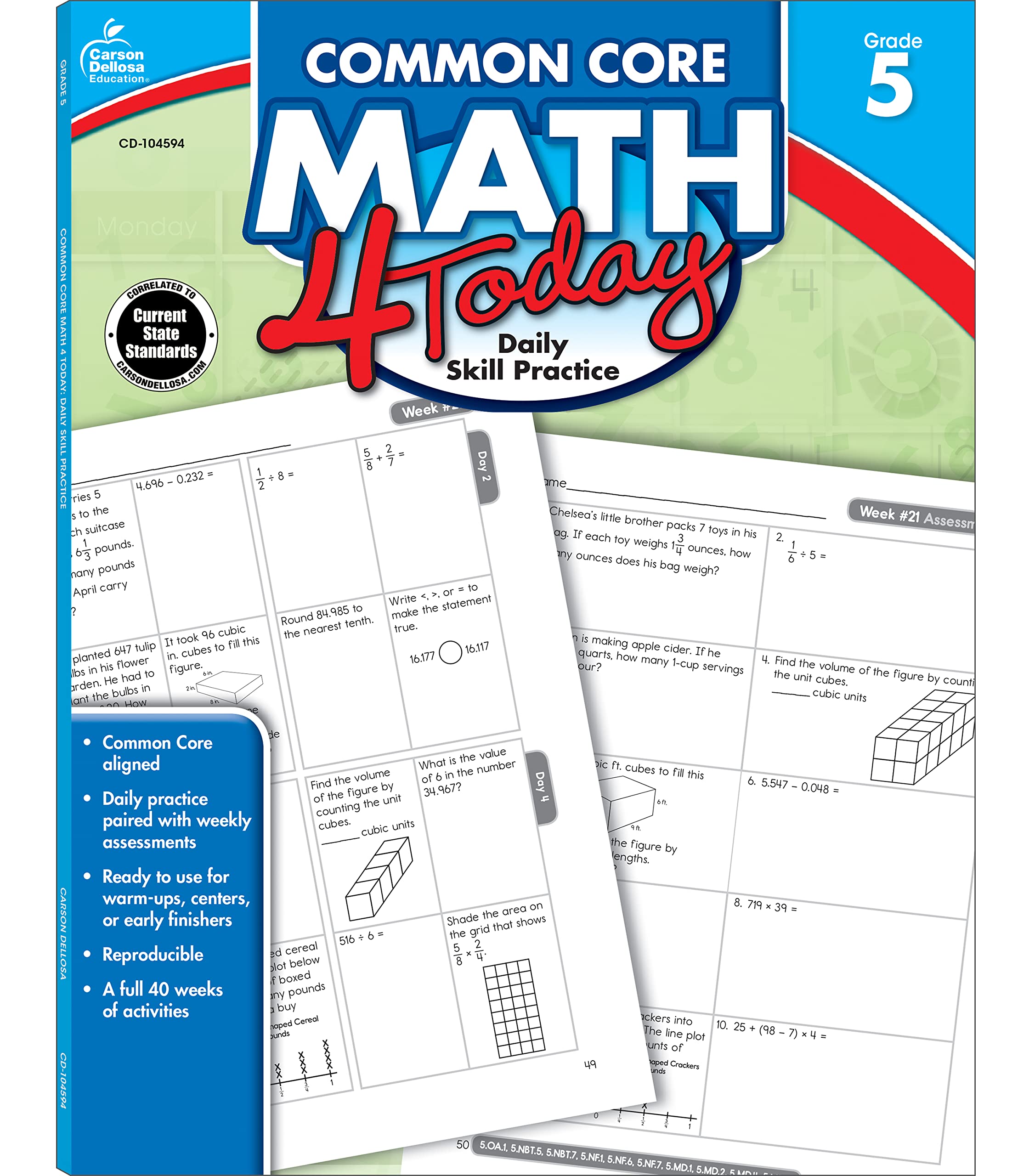 Carson Dellosa  Common Core Math 4 Today Workbook  5th Grade, 96pgs (Common Core 4 Today),New
