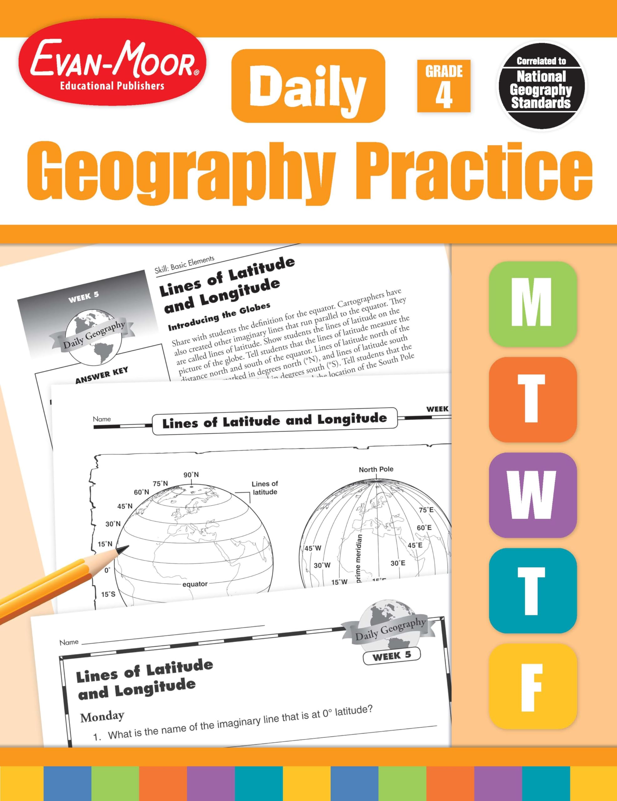 EvanMoor Daily Geography Practice, Grade 4, Homeschooling and Classroom Resource Workbook, Reproducible Worksheets, Teaching Ed,Used