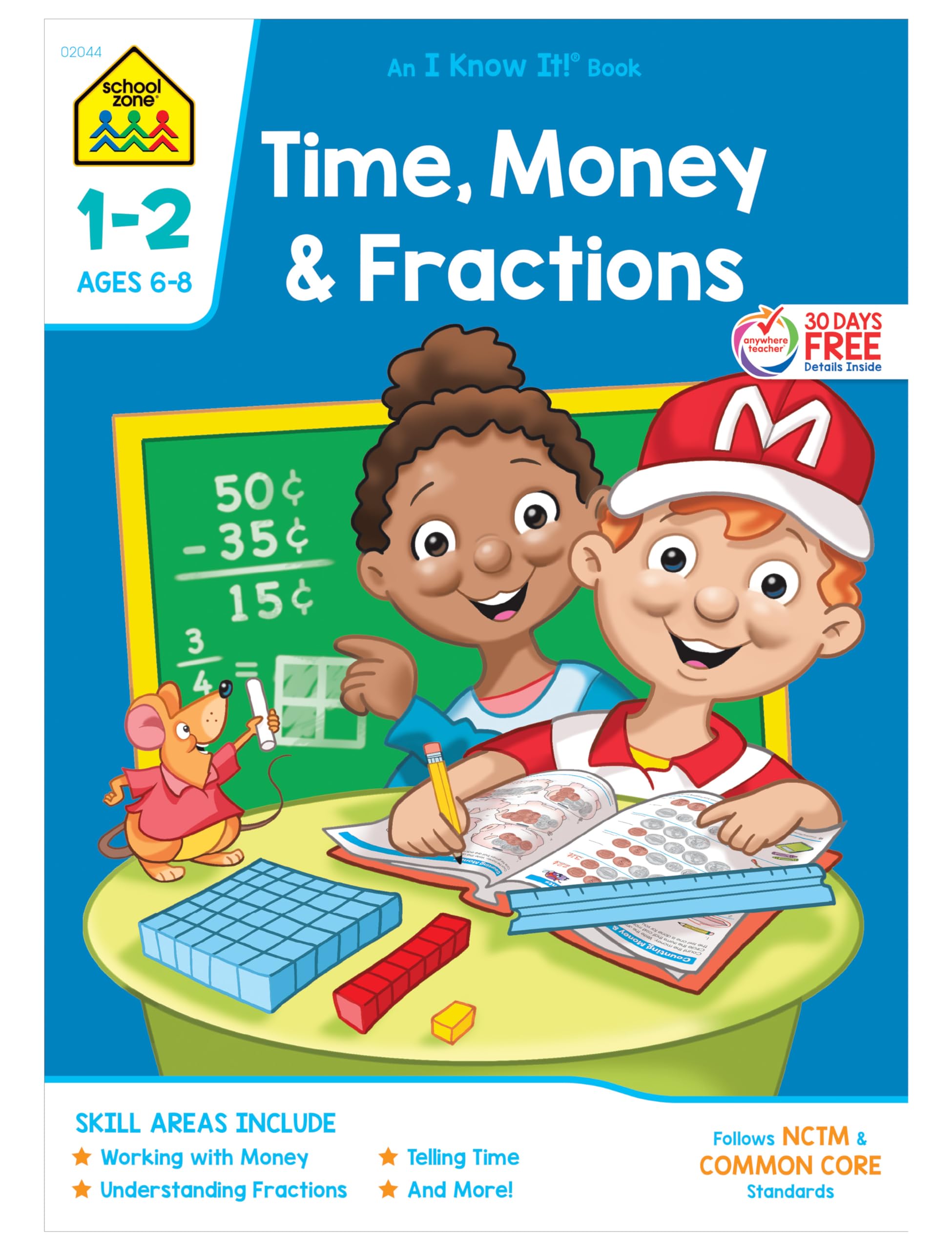 School Zone  Time, Money & Fractions Workbook  32 Pages, Ages 6 To 8, 1St And 2Nd Grade, Adding Money, Counting Coins, Telling