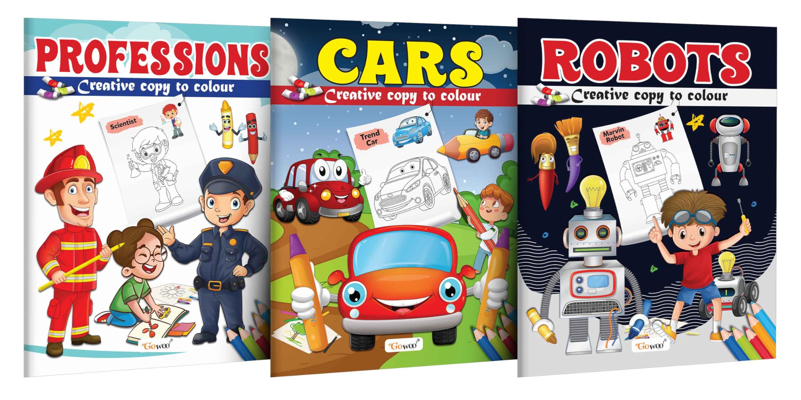 Professions, Cars And Robot - Creative Copy To Colour Book : Kids Colouring Book, Copy And Color Book, Picture Coloring Book For Kids For Ages 3-12 | Combo Of 3 Copy Colouring Books