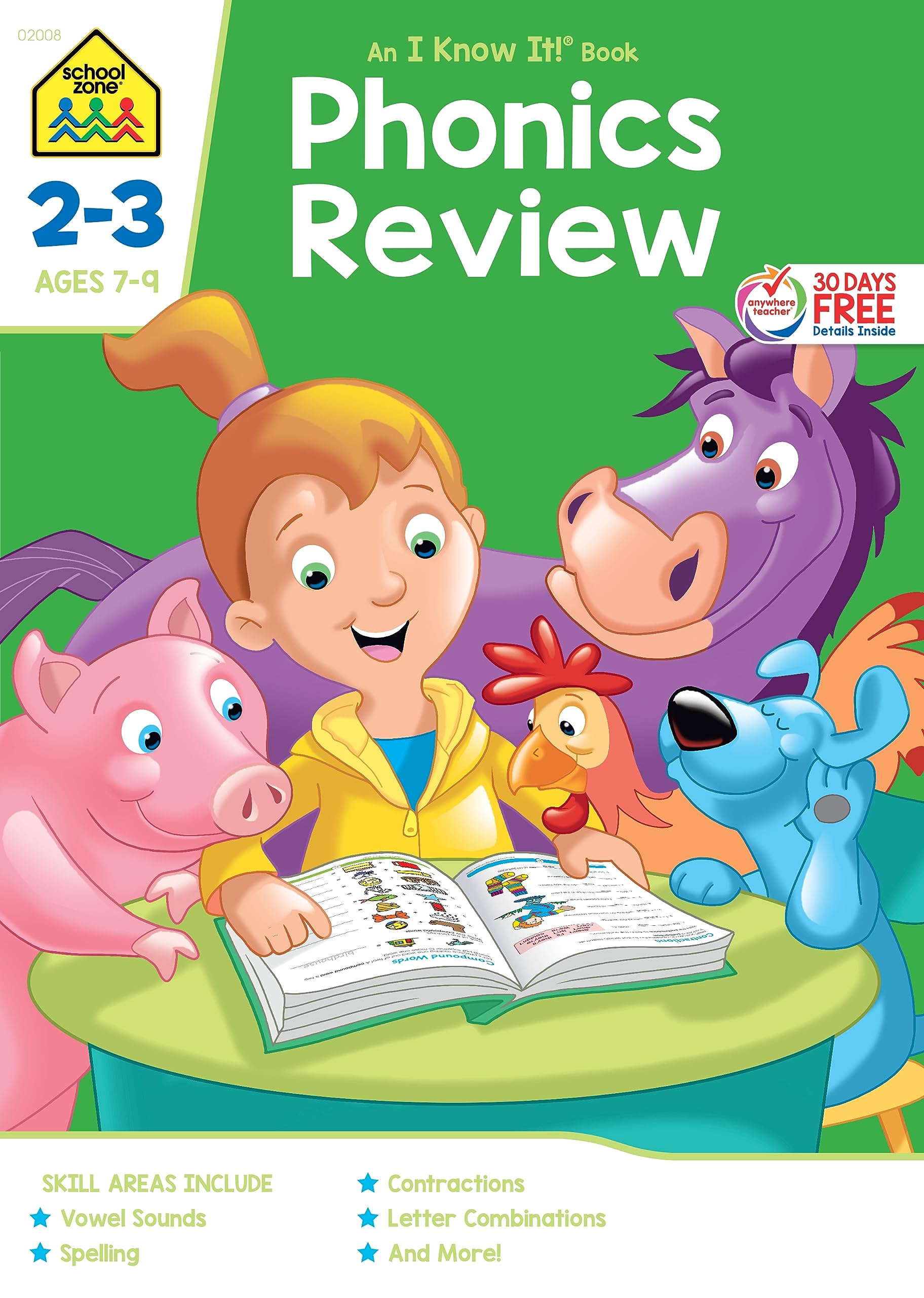 School Zone  Phonics Review Workbook  32 Pages, Ages 7 To 9, 2Nd Grade, 3Rd Grade, Consonants, Vowels, Blends, Compound Words,,Used