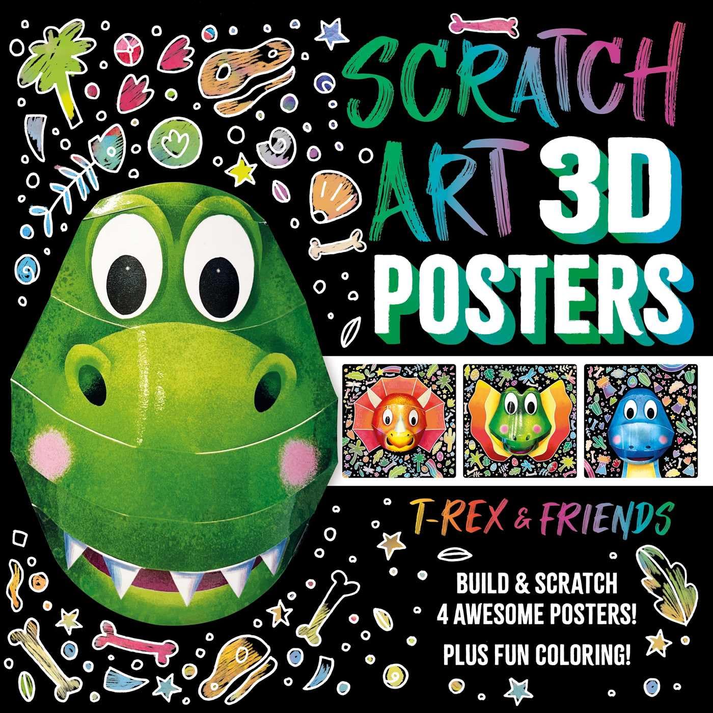 Scratch Art 3D Posters: TRex & Friends: Build and Scratch 4 Awesome Posters, Plus Extra Pages of Coloring,New