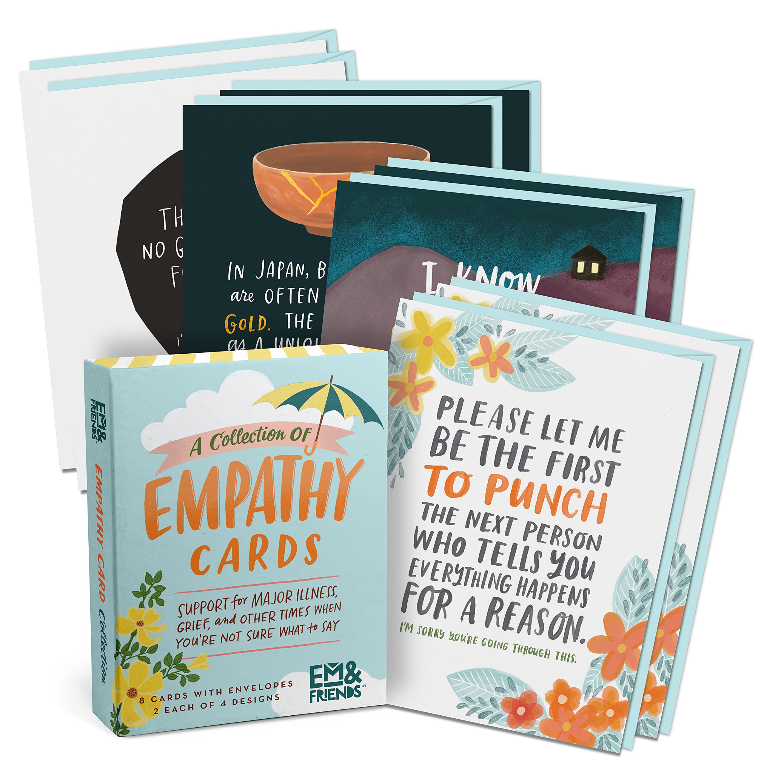 Em & Friends Empathy Cards, Box Of 8 Assorted Sympathy Cards, Loss & Thinking Of You Cards & Get Well Soon Gifts For Women (8 Bl