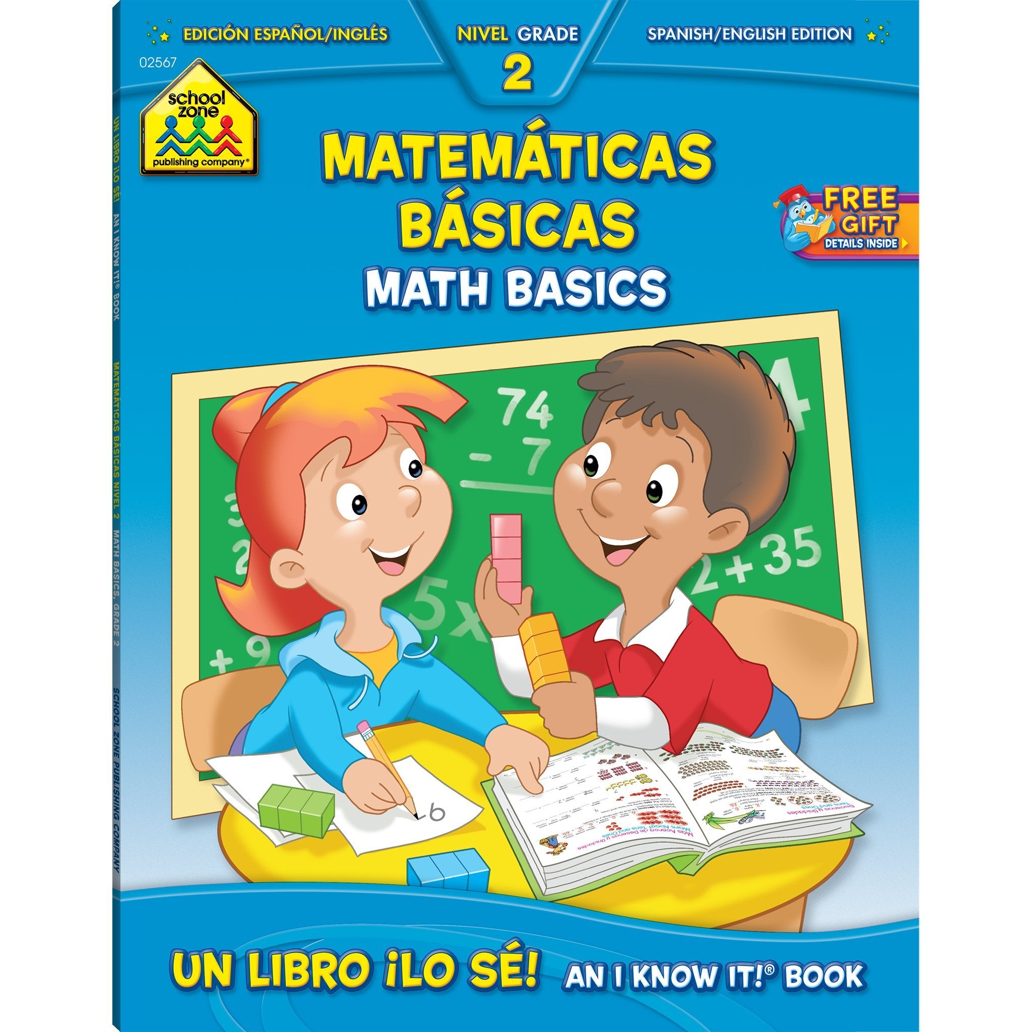 School Zone  Bilingual Math Basics 2 Workbook  64 Pages, Ages 7 to 8, 2nd Grade, ESL, Language Immersion, Addition, Subtractio,Used