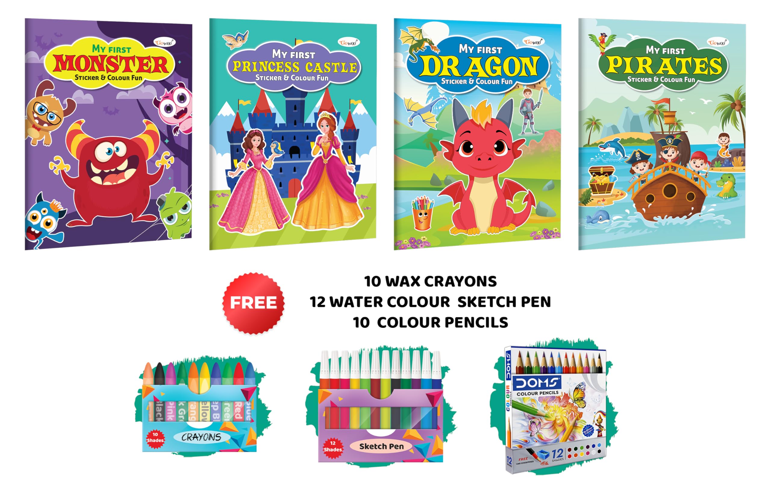 My First Monster, Princess Castle, Dragon And Pirates Sticker And Colour Fun With 10 Wax Crayons, 12 Water Colour Sketch Pen And 10 Colour Pencils | Combo Of 4 Colouring Books