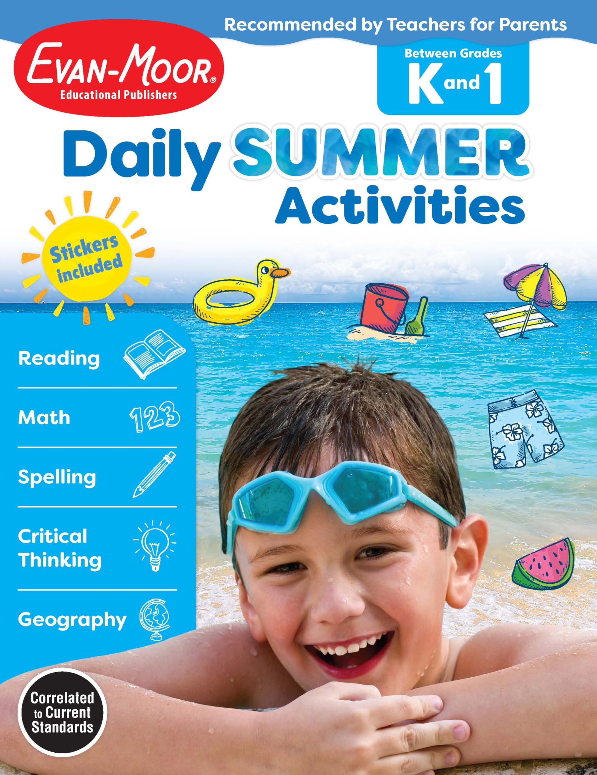 EvanMoor Daily Summer Activities, Grade K1 Workbook, Stickers, Prevent Learning Loss, Reading, Writing, Math, Phonics, Word Fa,Used