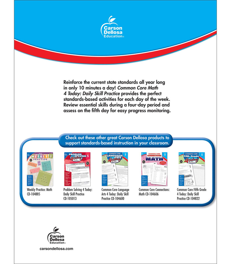 Carson Dellosa  Common Core Math 4 Today Workbook  5th Grade, 96pgs (Common Core 4 Today),Used