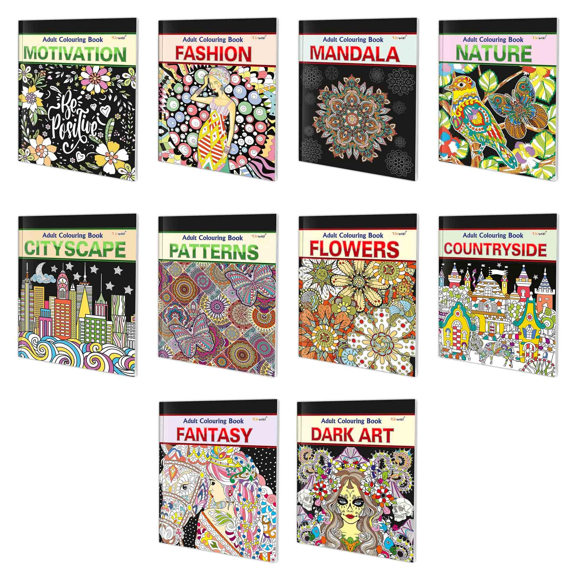Motivation, Fashion, Mandala, Nature, Cityscape, Patterns, Flowers, Countryside, Fantasy And Dark Art - Adult Colouring Book : Relaxing Art Coloring Book | Pack Of 10 Adult Colouring Books