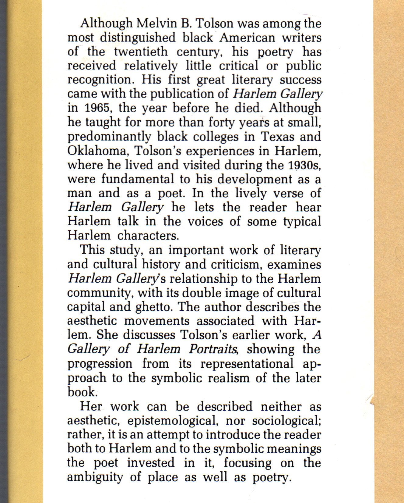 Melvin B. Tolson's Harlem gallery: A literary analysis,Used