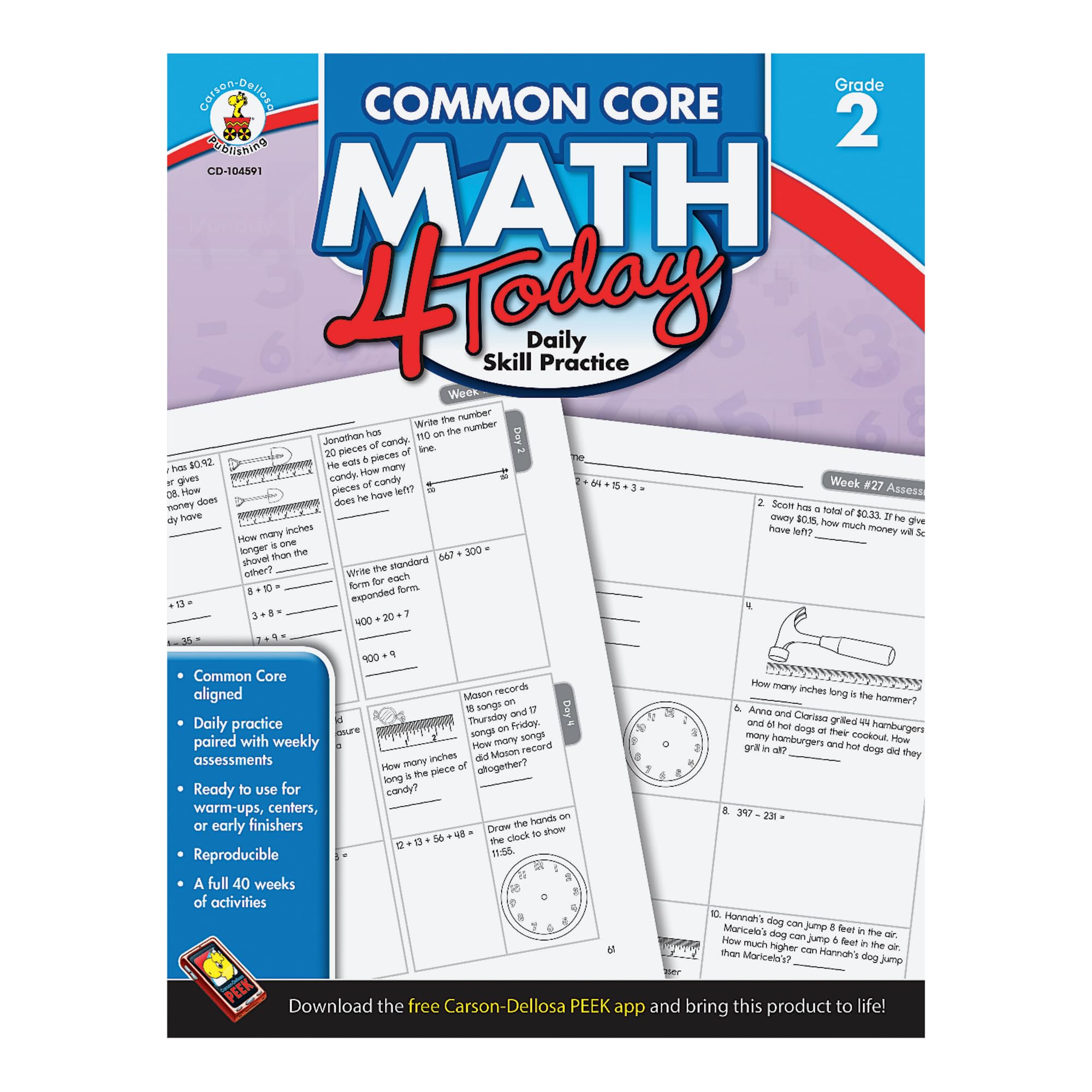 Carson Dellosa Common Core 4 Today Workbook, Math, Grade 2, 96 Pages (Cdp104591) (Volume 5),Used