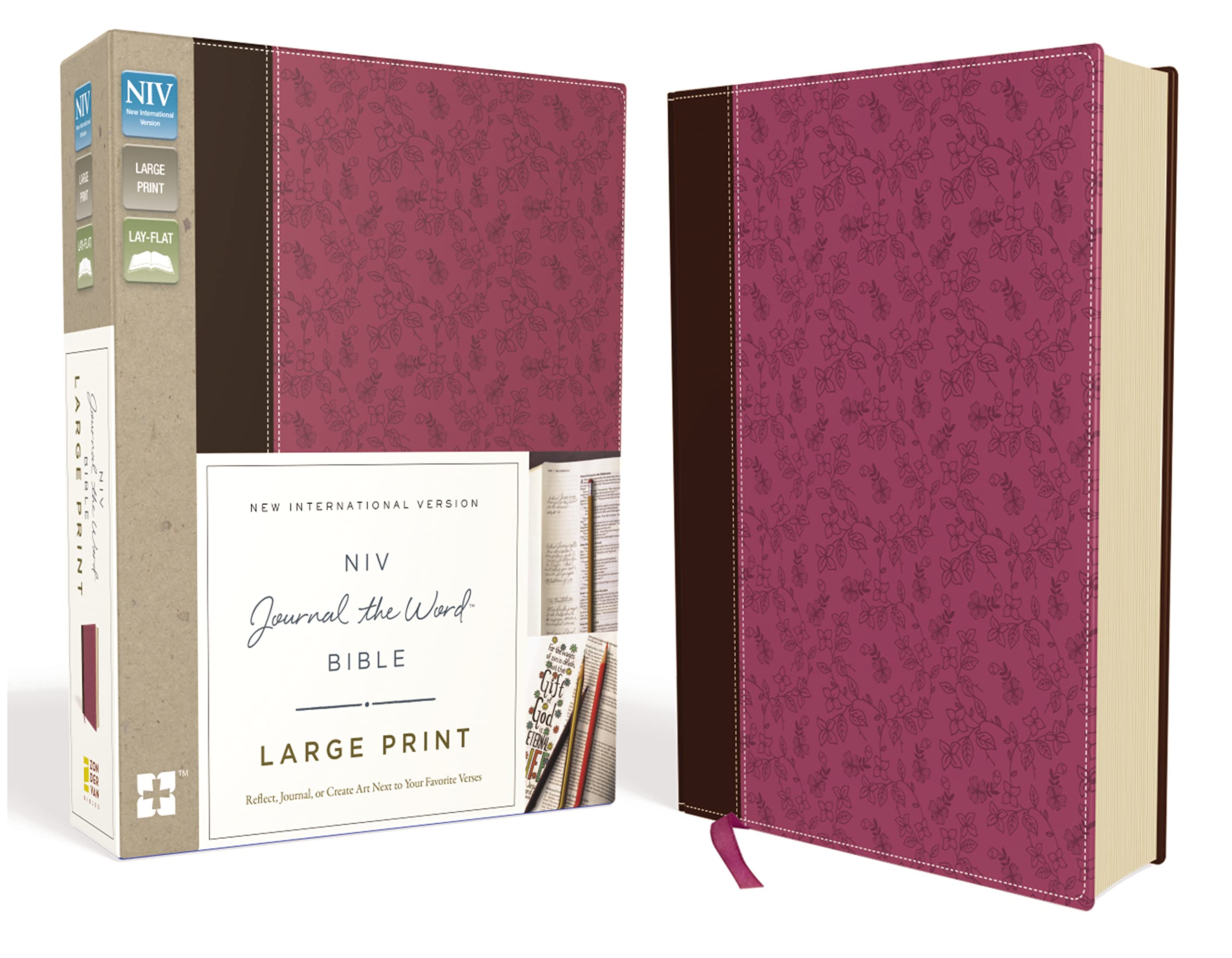 NIV, Journal the Word Bible, Large Print, Leathersoft, Pink/Brown: Reflect, Journal, or Create Art Next to Your Favorite Verses,New