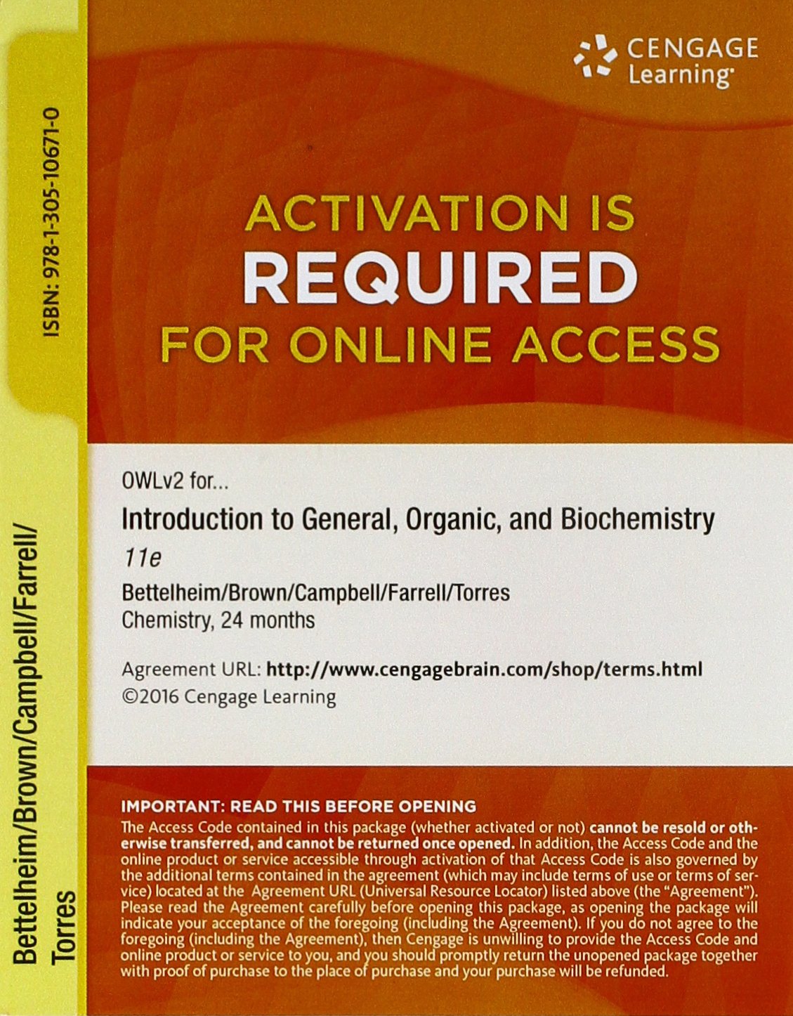 OWLv2, 4 terms (24 months) Printed Access Card for Bettelheim/Brown/Campbell/Farrell/Torres' Introduction to General, Organic an,Used