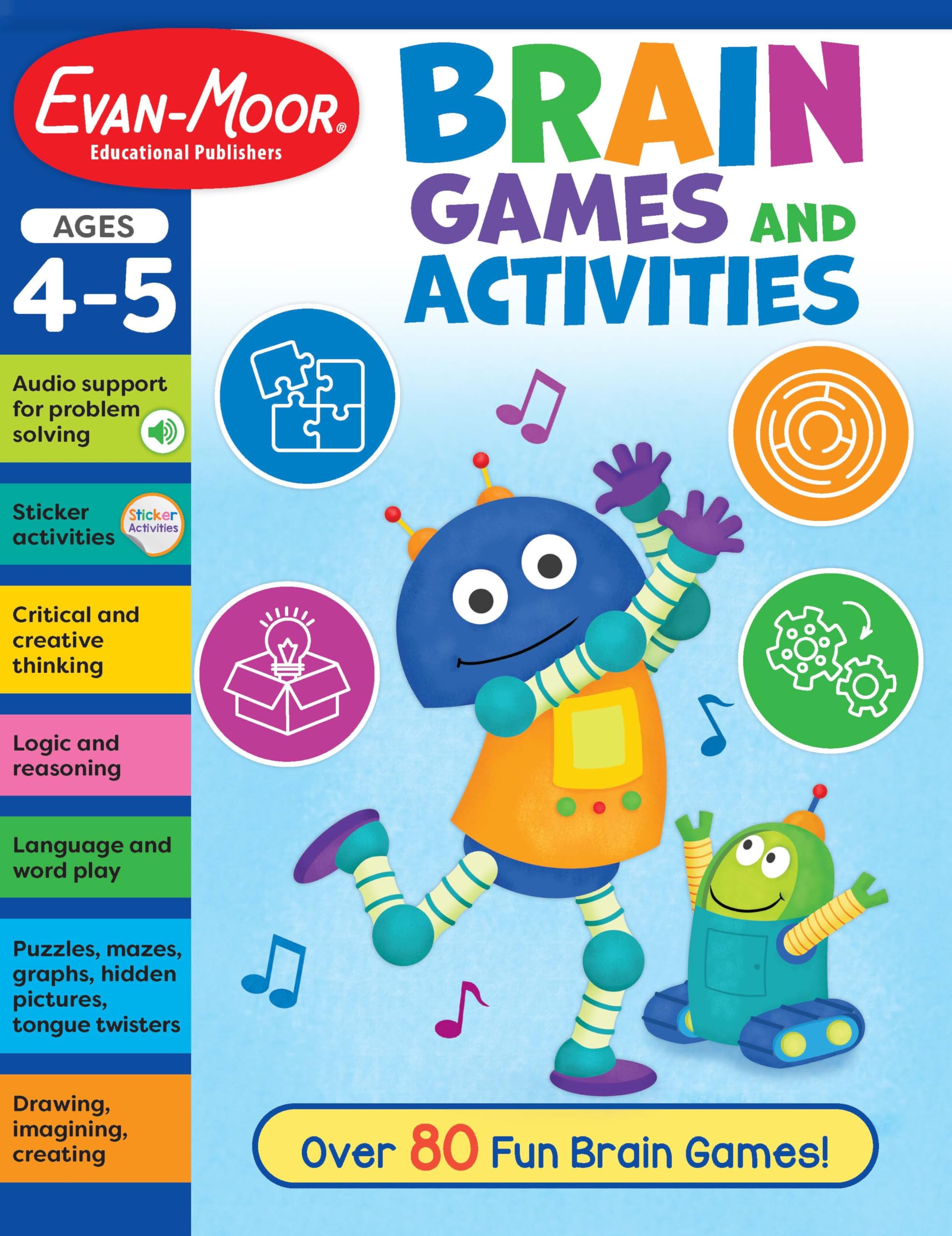 Evanmoor Brain Games And Activities For Kids, Ages 45, Workbook, Hidden Pictures, Mazes, Sticker Activities, Logic Puzzles, Dr,New