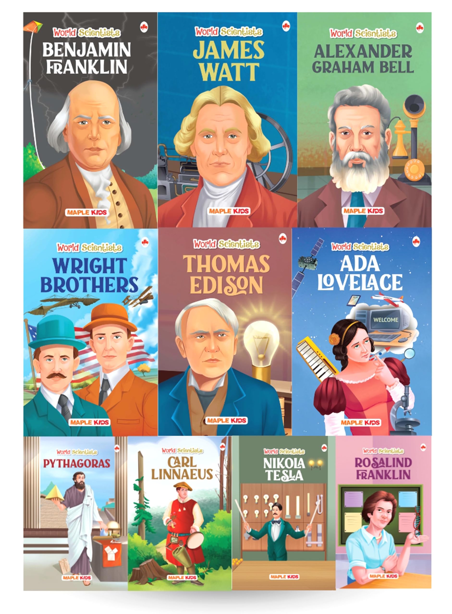 Story Books For Kids - World Scientists (Set Of 10 Books) (Illustrated) - Benjamin, Watt, Edison, Graham Bell, The Wright Brothers, Rosalind Franklin, Pythagoras, Carl Linnaeus, Nikola Tesla, Ada Lovelace - Biographies For Children - Age 6 +
