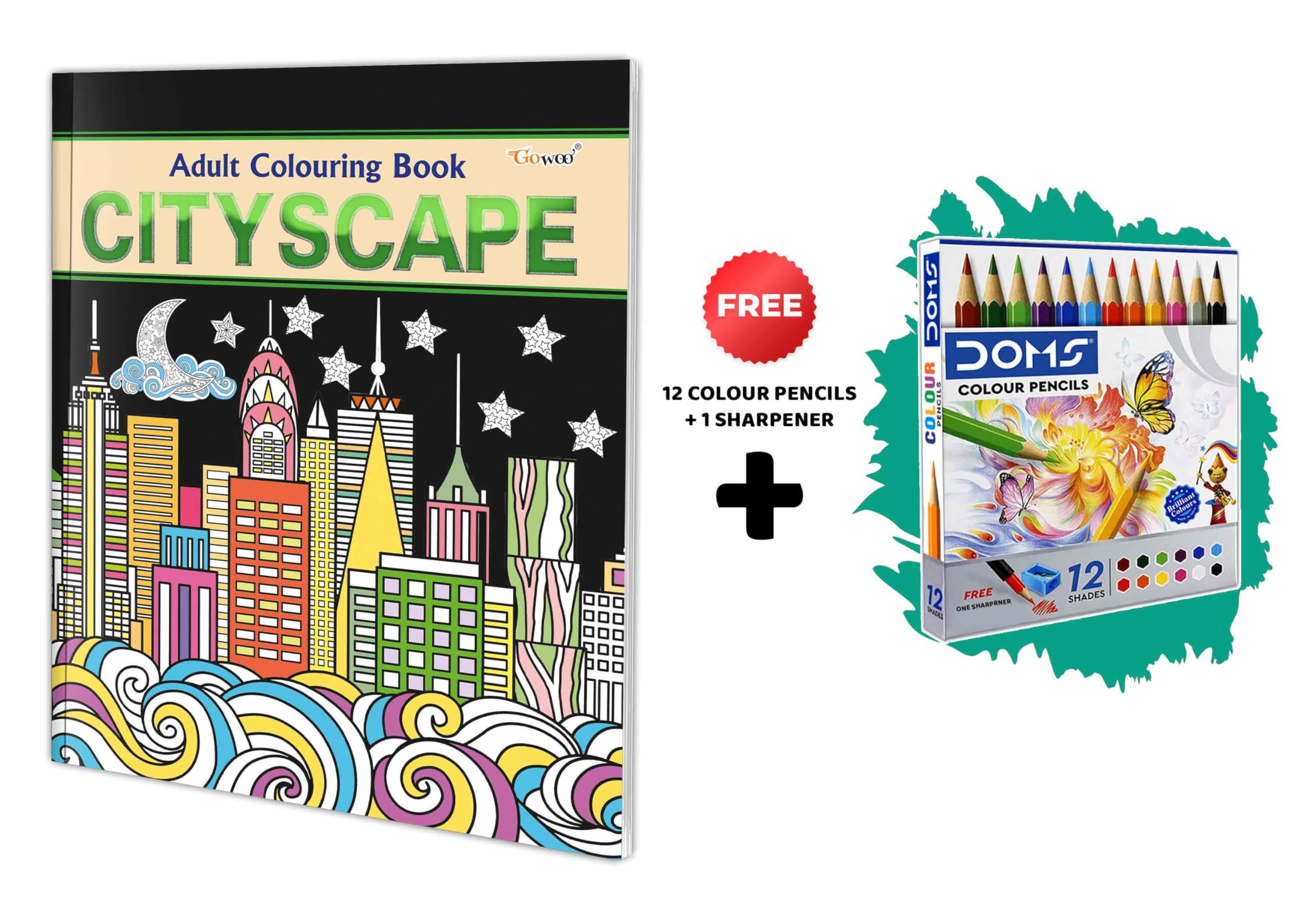 Cityscape - Adult Colouring Book With 12 Colour Pencils + 1 Sharpner : Mindful Art Coloring, Coloring Kit For Adults, Coloring Book For Peace, Coloring For Adults And Kids
