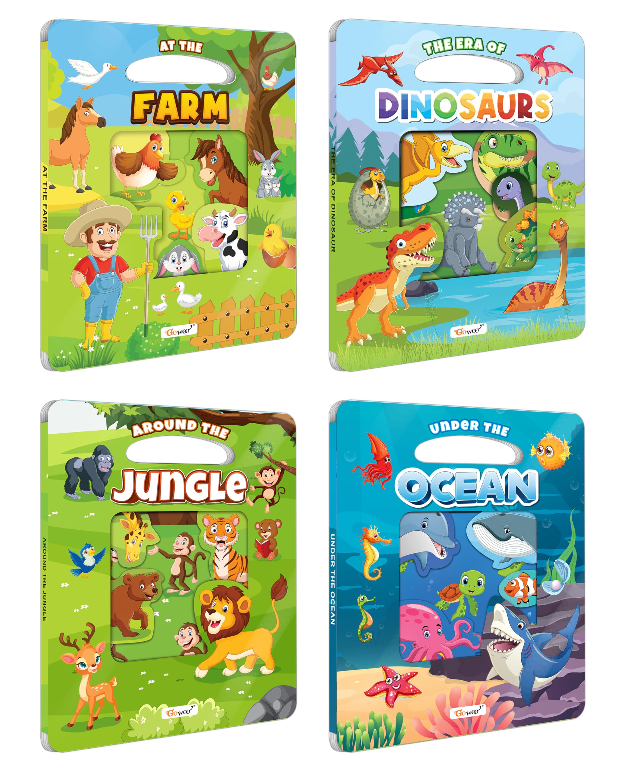At The Farm, The Era Of Dinosaur, Around The Jungle And Under The Ocean Window Cut Board Book :Educational Toddler Book, Die Cut Shape Board Book, Window Cut Book |Combo Of 4 Die Cut Shape Board Books